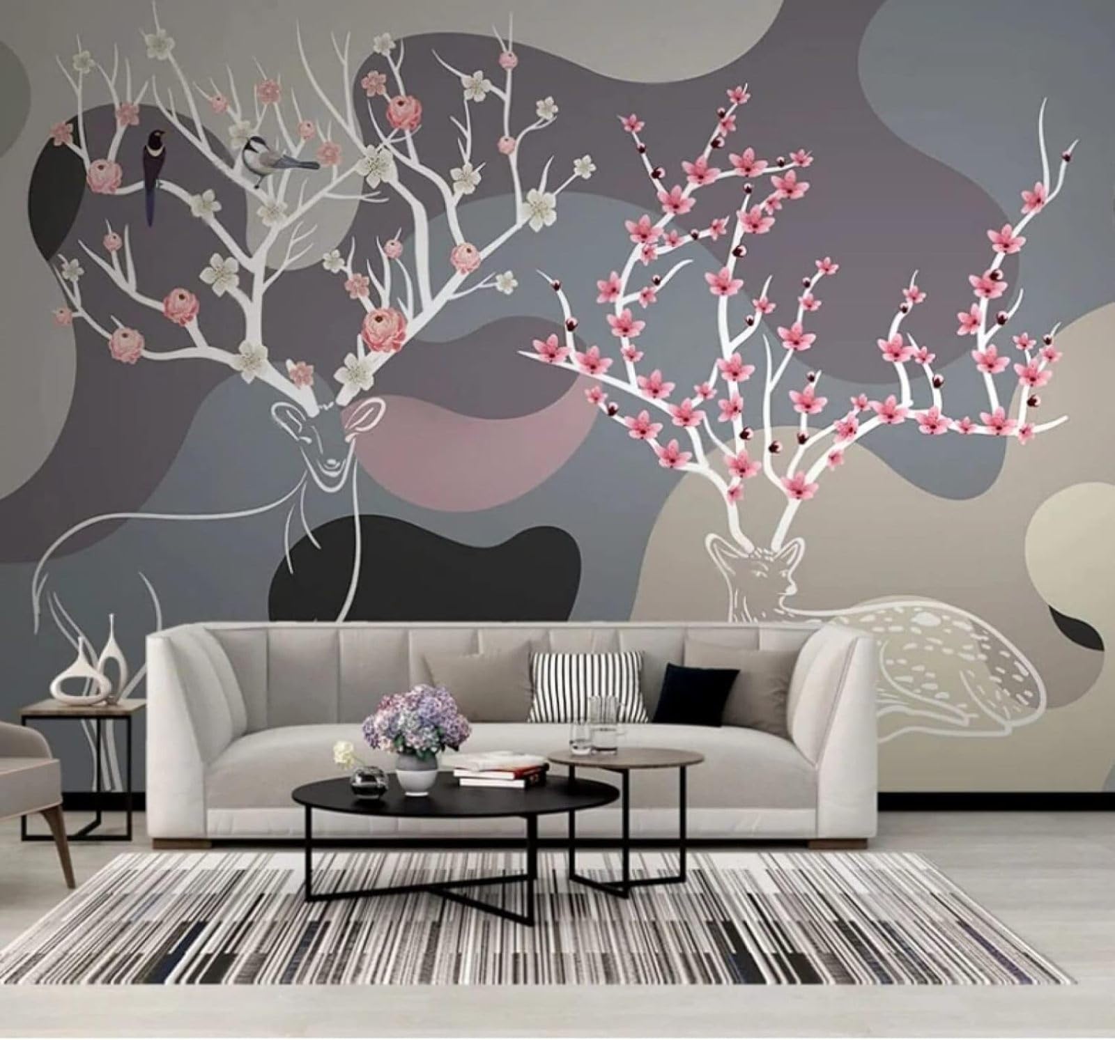 Wallpaper-3D-Xlm 200Cm×140Cm(B×H) Abstract Creative Geometric Reindeer Flowers And Birds 3D Wallpaper Easy Install Feature Office Living Room Sofa Bedroom Tv Background Wall Decoration-200Cm×140Cm