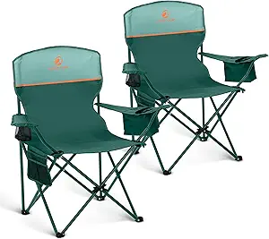 LET'S CAMP Camping Chair 2 Pack Folding Chair with 3-Can Cooler Bag Portable Lawn Chair with Cup Holder,Storage Pocket, Supports 225LBS, Collapsible Chair for Camp, Beach, Picnic (Green)