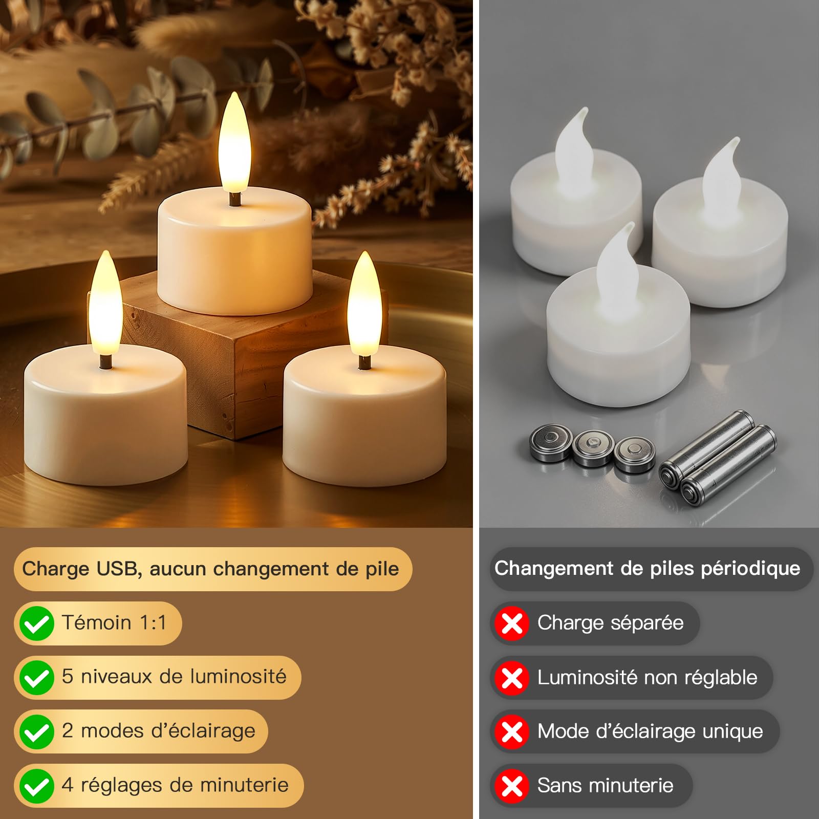 Ketom Lot de 12 Bougie LED Rechargeable, Petite Bougie Chauffe Plat LED