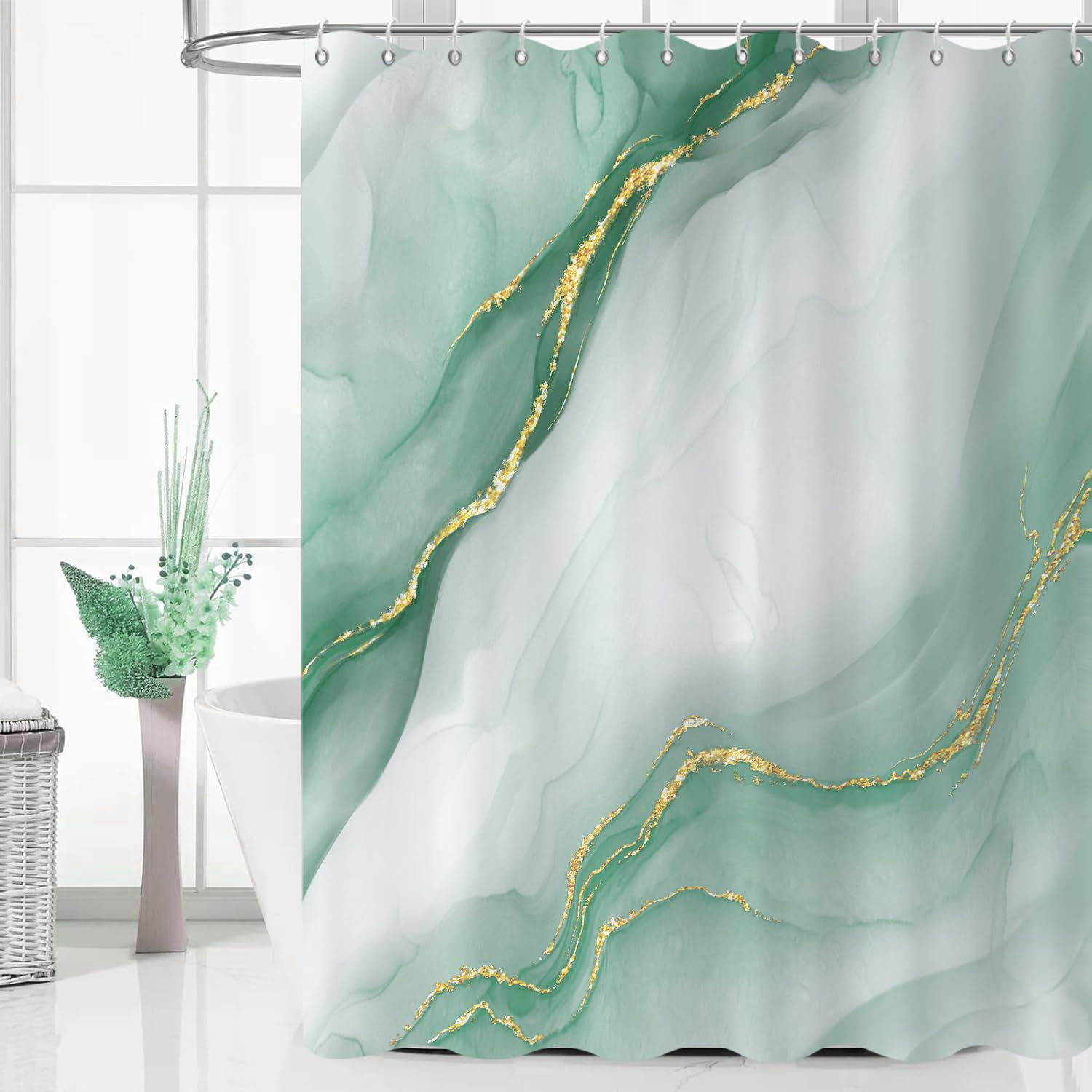 GCIREC Shower Curtain, 200x180cm, Green Gradient with Gold Marble Modern Art Waterproof Fabric Machine Washable Bathroom Curtain with Hooks — image 1