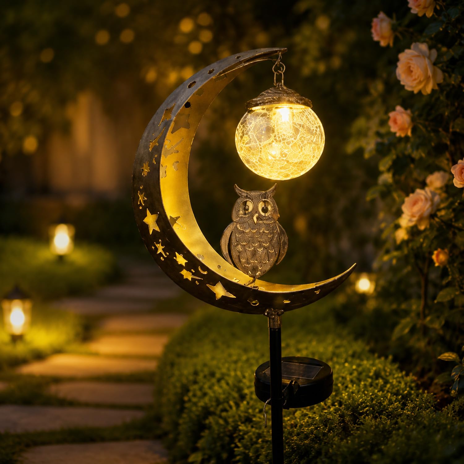 Hummingbird Moon Solar Garden Stake Light – Half Moon & Crackle Glass Outdoor Decor, Iron Hummingbird Solar Lights for Yard, Patio & Lawn, Auto On/Off Waterproof Pathway Light (Owl Design)
