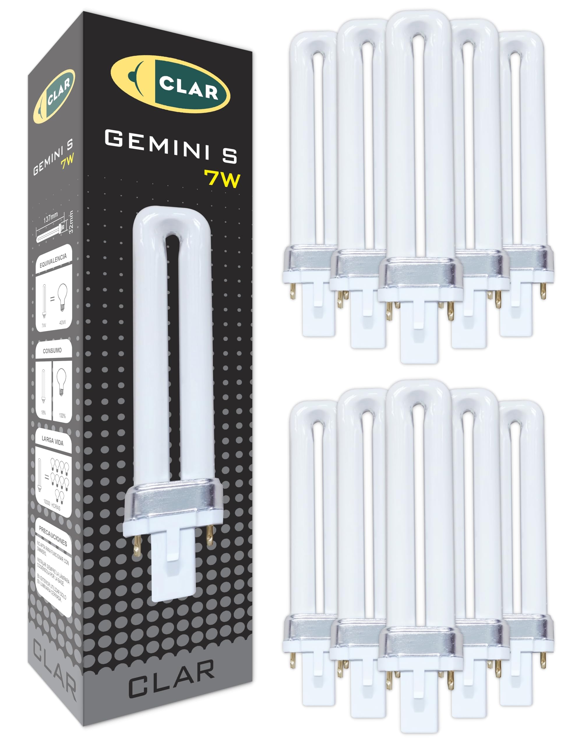 CLAR - Gemini S 7W 4000K G23 Leuchtstoffröhre Neutralweiß Vertikale Kompaktlampe CFL Energiesparend Ersatz (Pack 10)