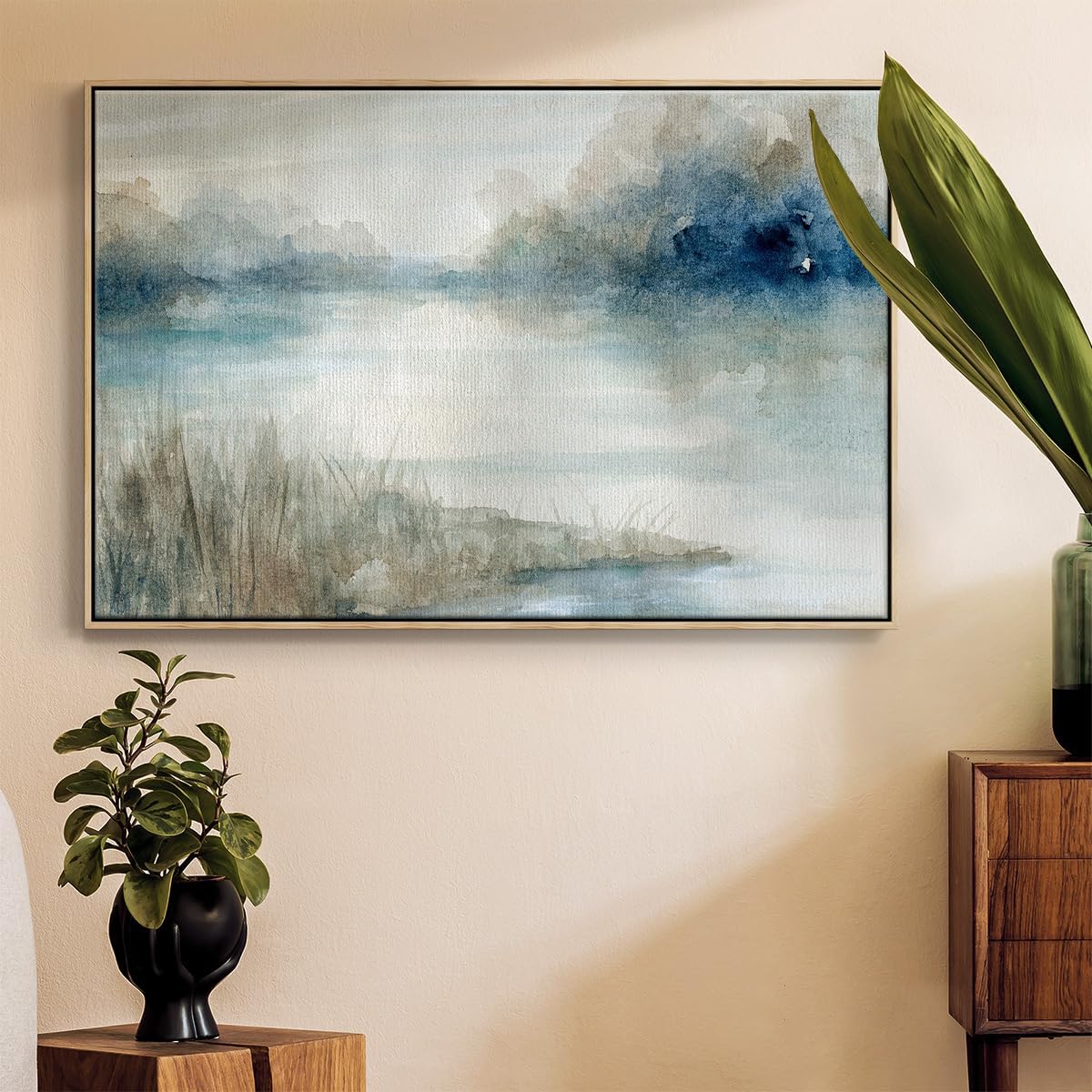 Renditions Gallery Nature Wall Art Paintings & Prints Beautiful Still Evening Water Floater Framed Wall Hangings for Home Kitchen Bedroom - 25"X37" Natural Frame GAL001