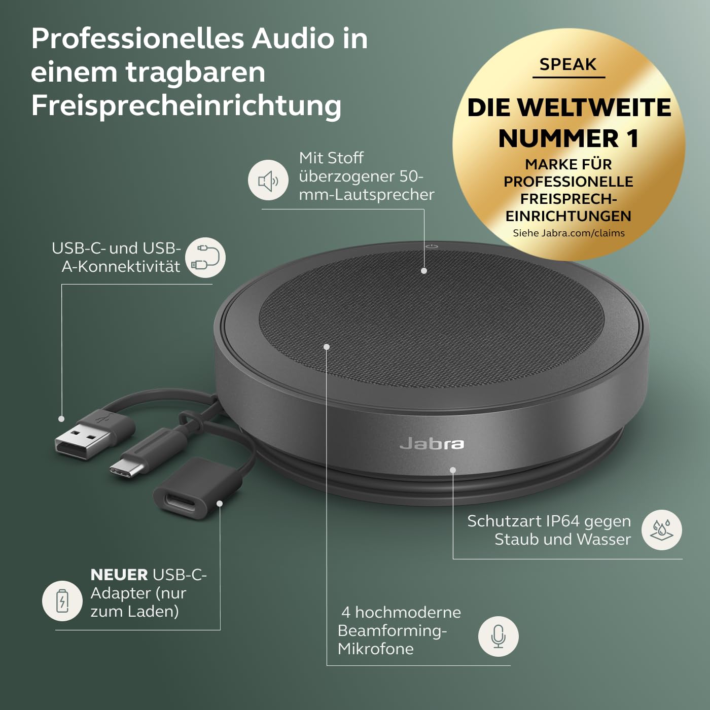 Jabra Speak2 75 Wireless Bluetooth Handsfree Calling - 4 Mikrofone, Dark Grey - Dettaglio