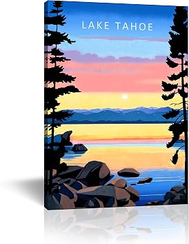 Lake Tahoe Poster, Lake Tahoe Sunset Canvas Print - Serene Nature Wall Art, Nevada Vintage Travel Posters Canvas Wall Art Picture Modern Bedroom Decor 12x18in,Framed