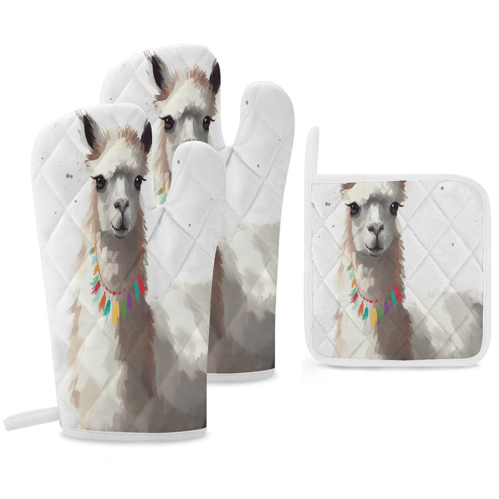 Fekiloot Style Llama Oven Mitts Funny Heat Resistant,Oven Glove With Hanging Loop,Resistant Hot Pads For Kitchen Baking Grilling Cooking