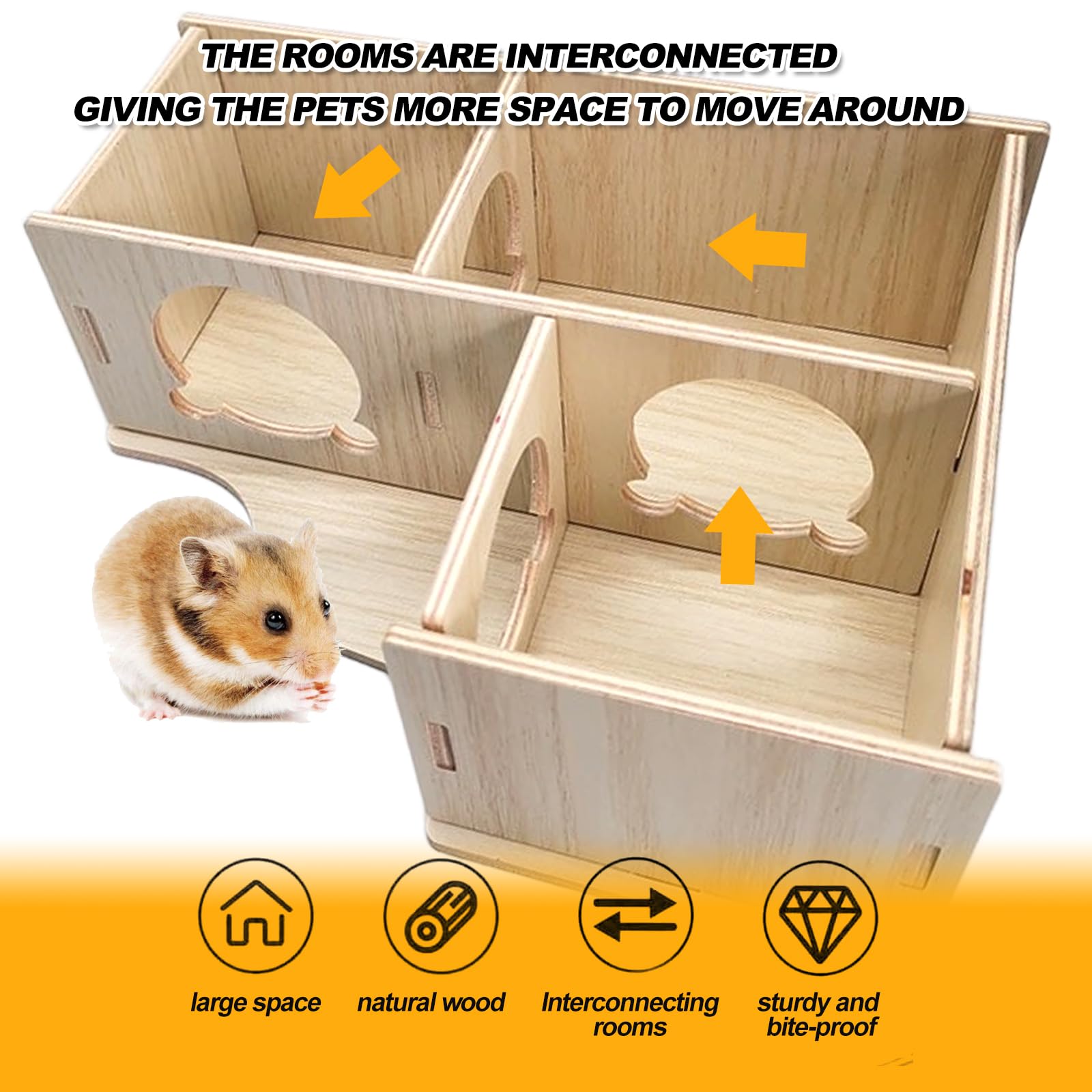 SenZee Maison pour hamster en bois, cachette multi-chambres en bois avec couvercle pour hamsters et petits animaux de compagnie