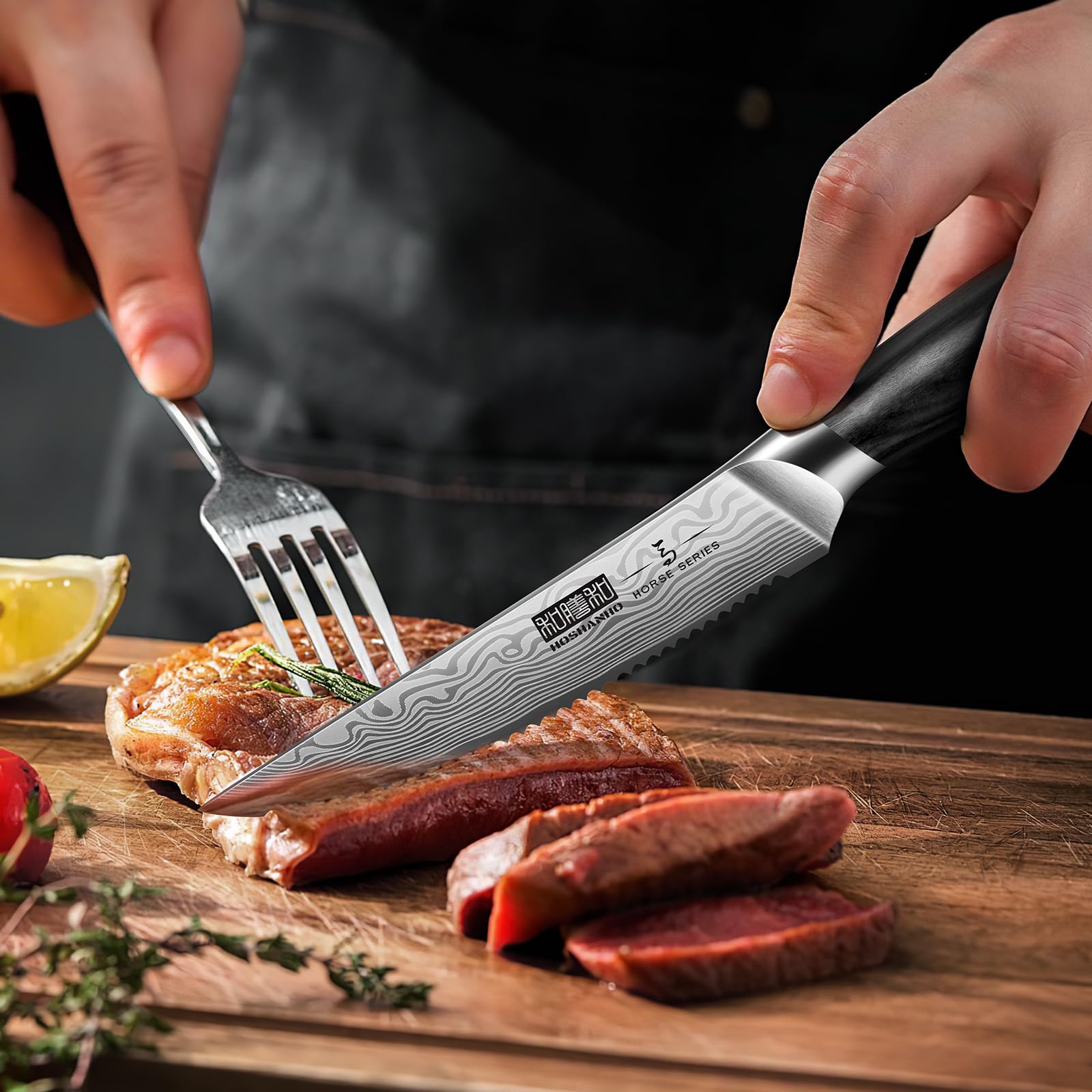 HOSHANHO 6-Teilig Steakmesser-Set, 11,5 cm Steakmesser Set mit Japanischer Wellenschliffklinge, Ultrascharfes Steakmesser aus Pulverisiertem Kohlenstoffstahl mit Pakkaholzgriff