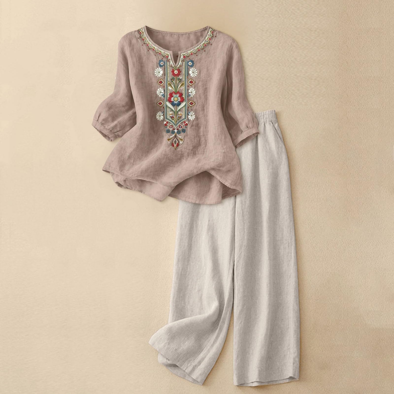 Conjunto Mujer Vestir Dos Piezas, 2026 2 Piezas Talla Grande Conjunto de Verano Otoño Algodón y Lino Camiseta de Manga 3/4 y Pantalones Ancho Suelto Oficina Casual Traje Color Sólido Cómodo Set