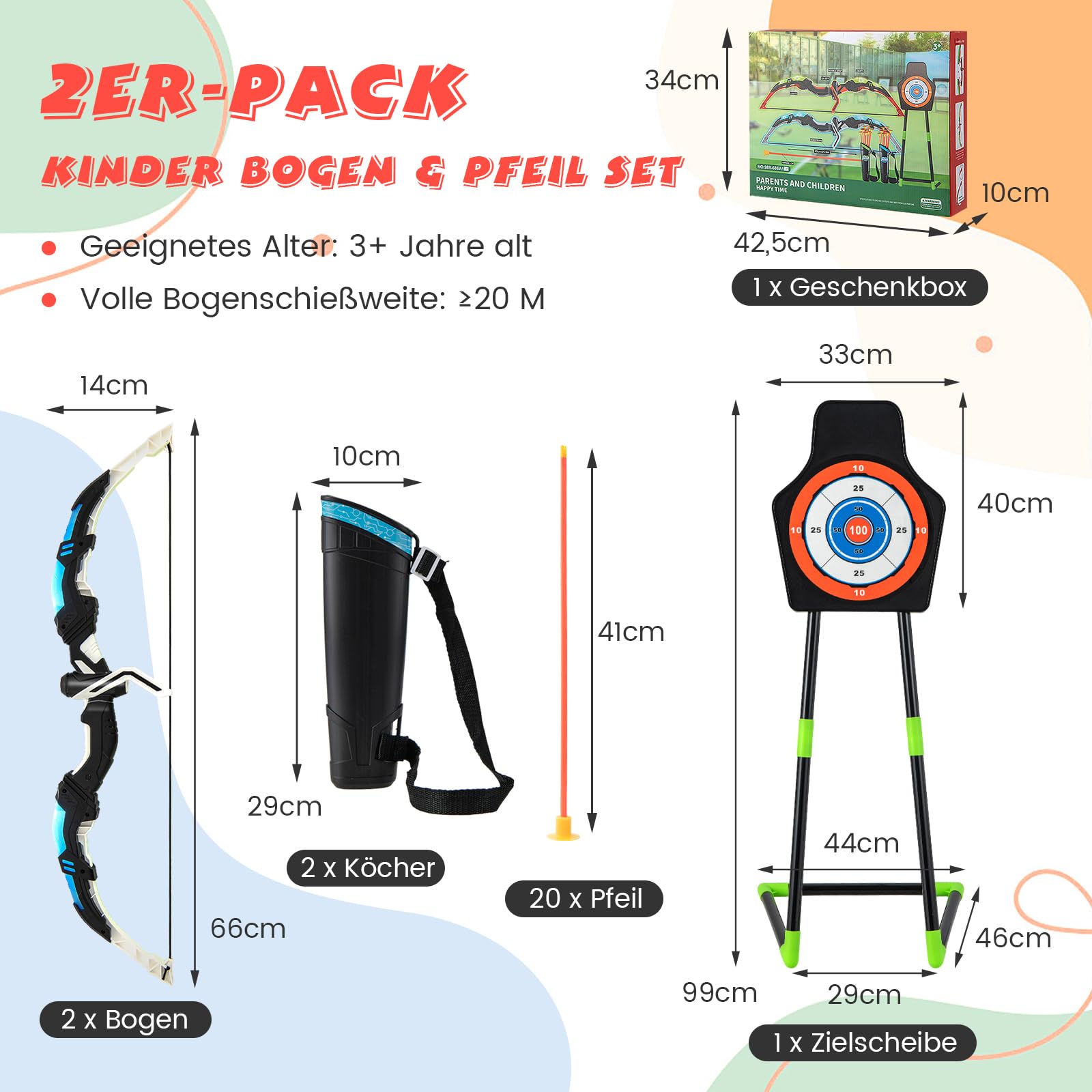 GOPLUS 2 Pack Pfeil und Bogen Kinder, Bogenschießen Set mit LED Leuchten, Kinderbogen mit 2 Bogen, 20 Pfeilen, 2 Köchern & Zielscheibe, Indoor & Outdoor Spielzeug, Spielzeugbogen für Kinder 3-12 Jahre