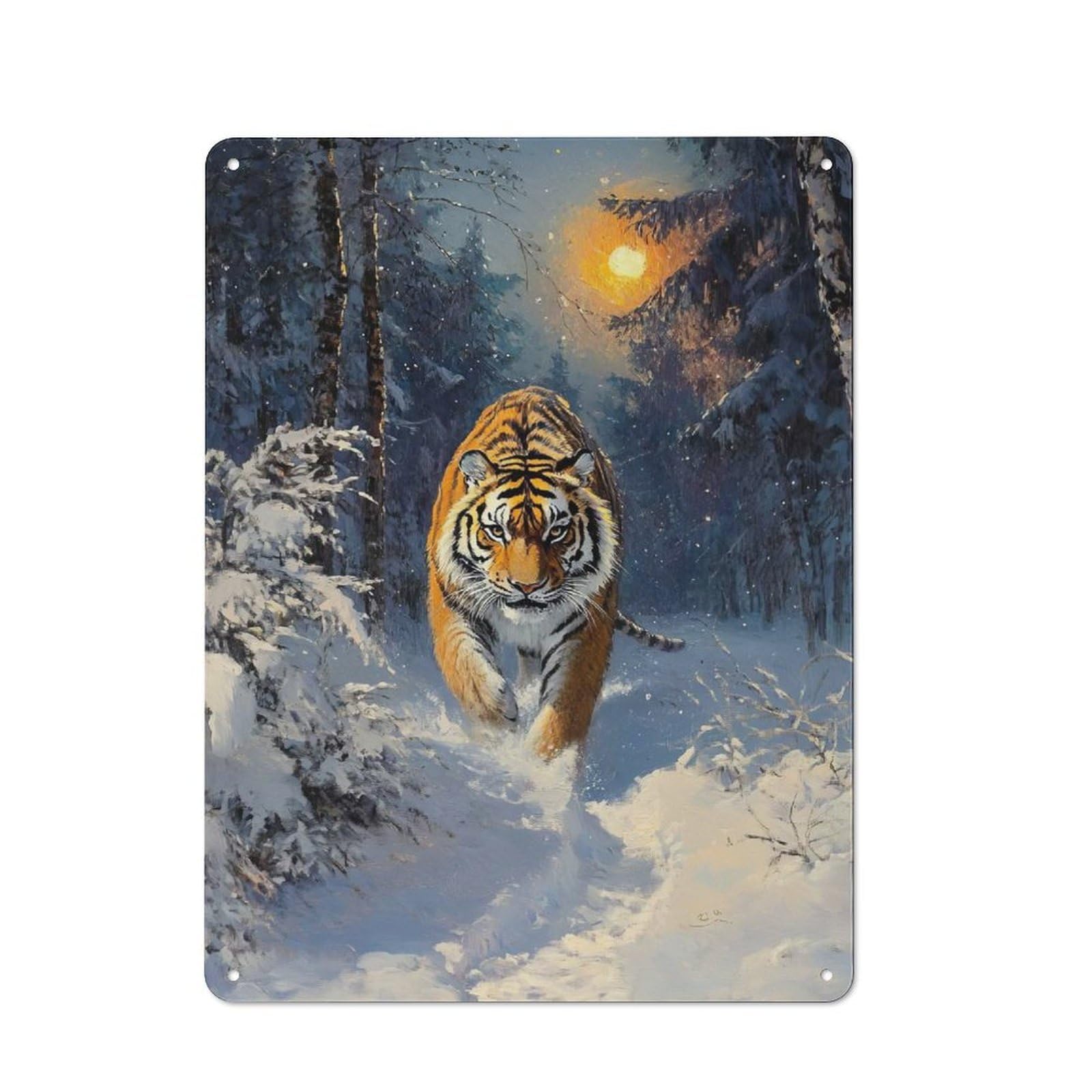 Junmoney Tiger In Snowy Forest Metal Plaque 40X30cm With For Garage Wall, Retro Decor, For Garage Decor Collectors Refreshing A Room In Autumn