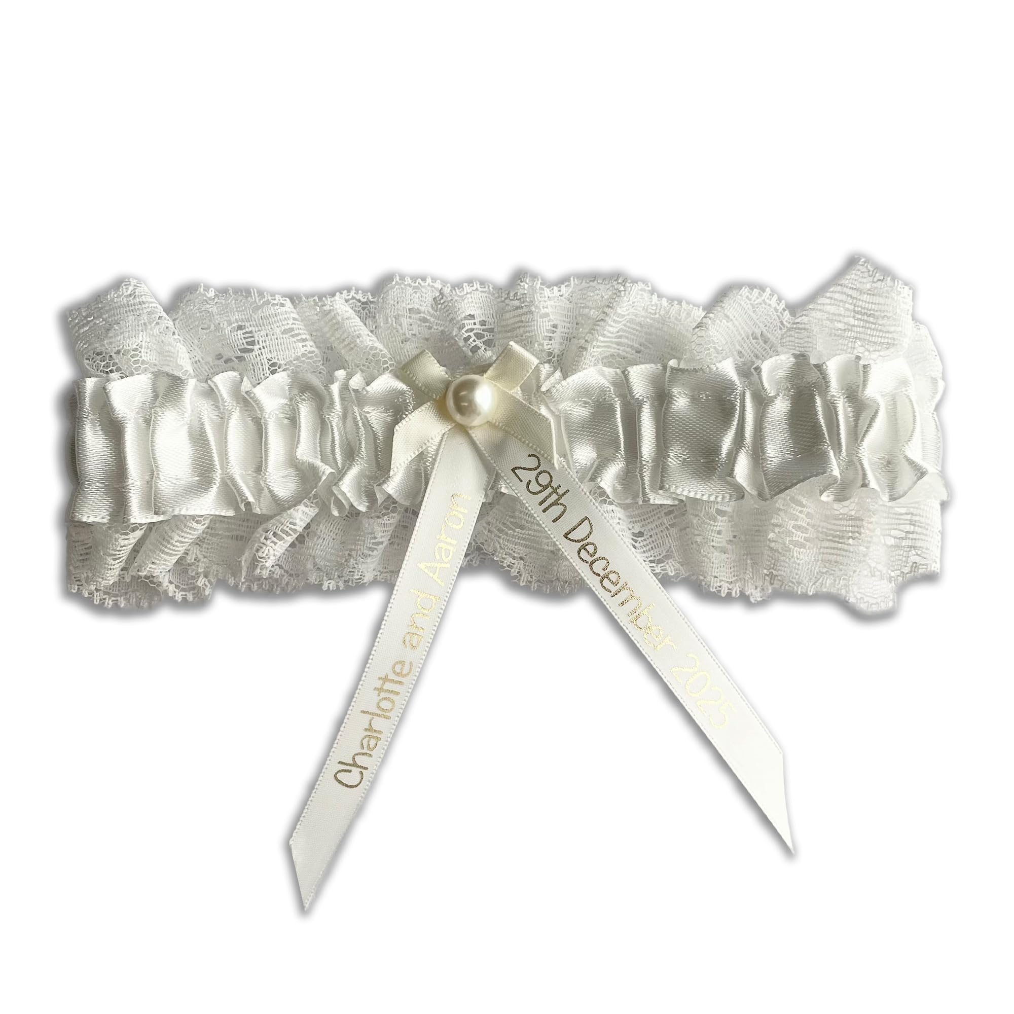My Pretty Little Gifts Gold Personalised Garter - Off White Garter With Text - Perfect Bridal Garter Bride To Be Wedding Hen Party