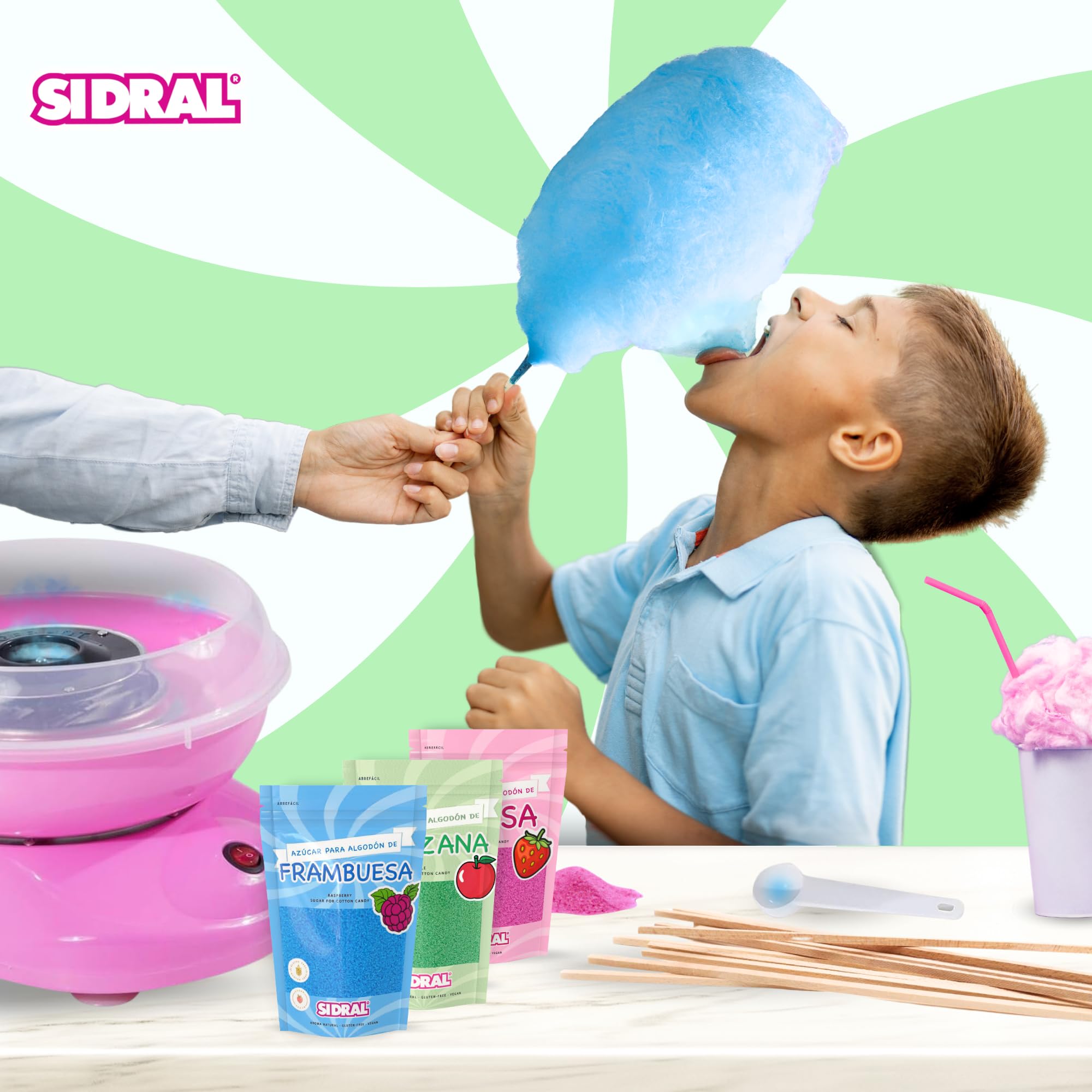 SIDRAL - 1000 grs. / 50 monodosis Degustación - Azúcar para Maquina de Algodón, Azucar de Sabores - 6 Sabores: Fresa, Manzana, Cereza, Cola, Tropical y Frambuesa (sabores)
