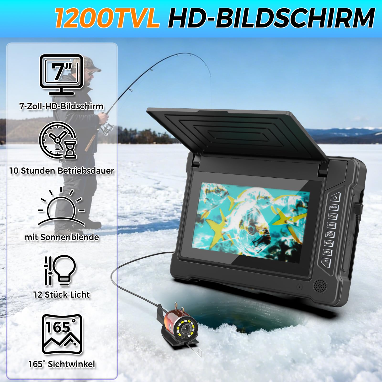 Fischfinder Unterwasserkamera Angeln mit IR Nachtsicht, 165° Weitwinkel, IP68 Wasserdict Fish Finder für Meeresangeln Fluss Angeln Eisfischen, 10h Arbeitstime,15m Linie
