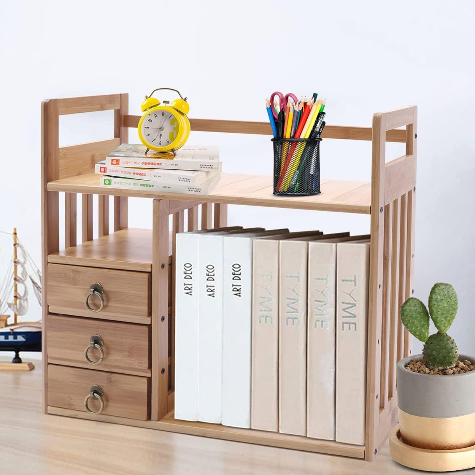 Estante Librería De Sobremesa - Estantería Pequeña De Sobremesa, Con Estantería De Mesa De Bambú De 3 Cajones, Estante De Exhibición De Almacenamiento De Juego De Té Para Sala De Estar