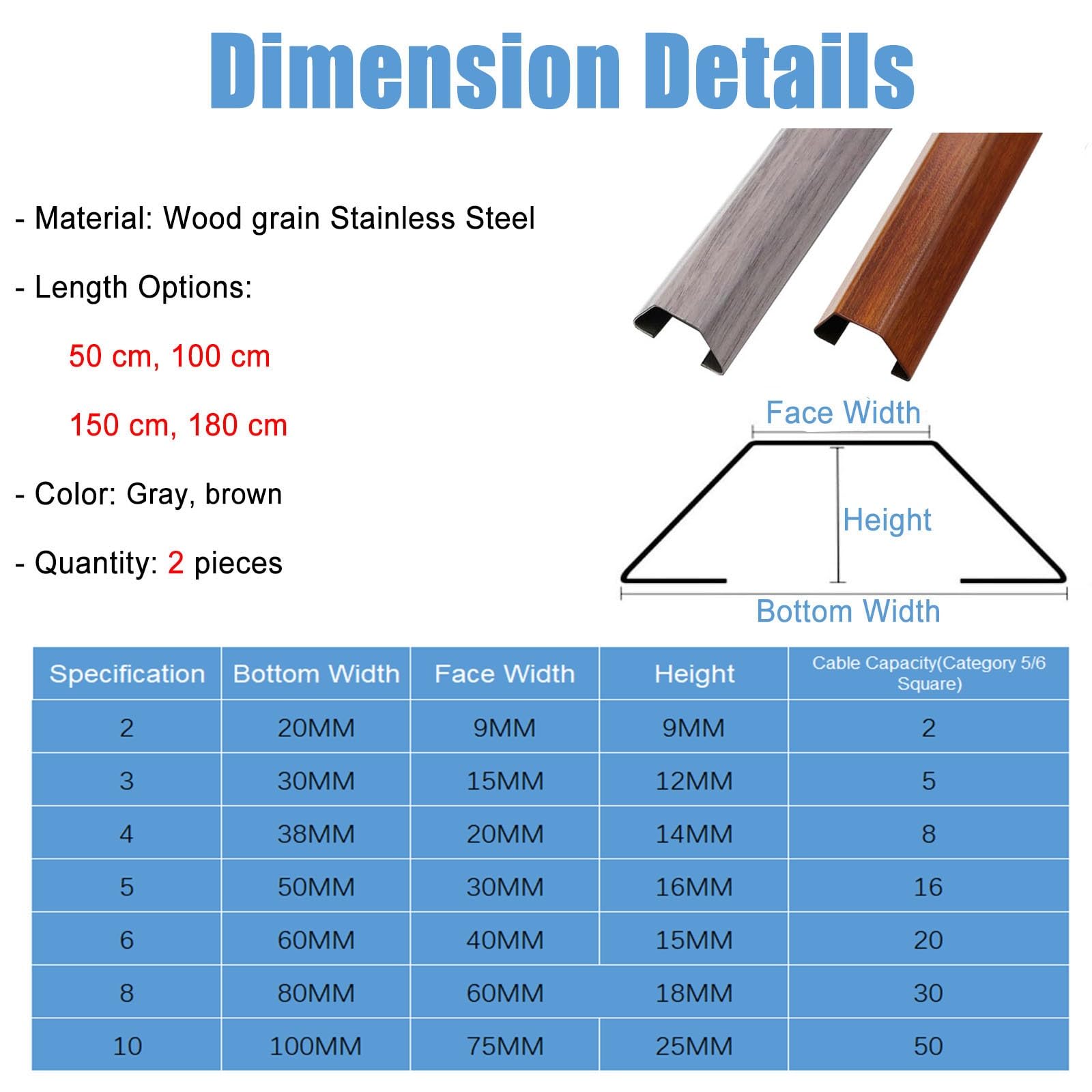 canalina passacavi muro Striscia copricavo con venature del legno Canalina per canalina per cavi in ​​matel marrone grigio marrone con supporto adesivo(Brown,W 50 MM L 180 CM)