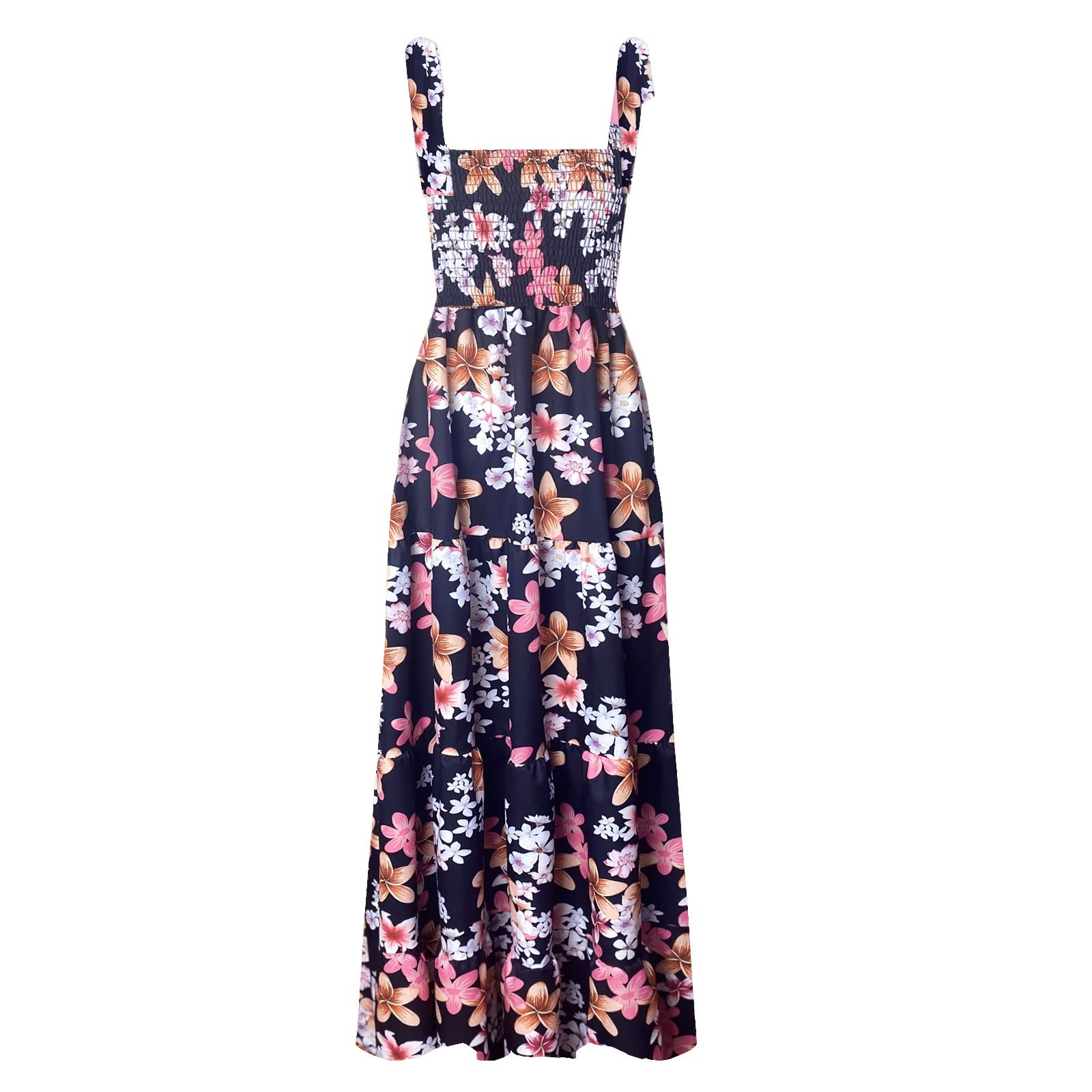 kinstell Women's Summer Boho Spaghetti Strap Square Neck Ruffle Casual Flowy Long Dress Beach Swing Party Maxi Dress