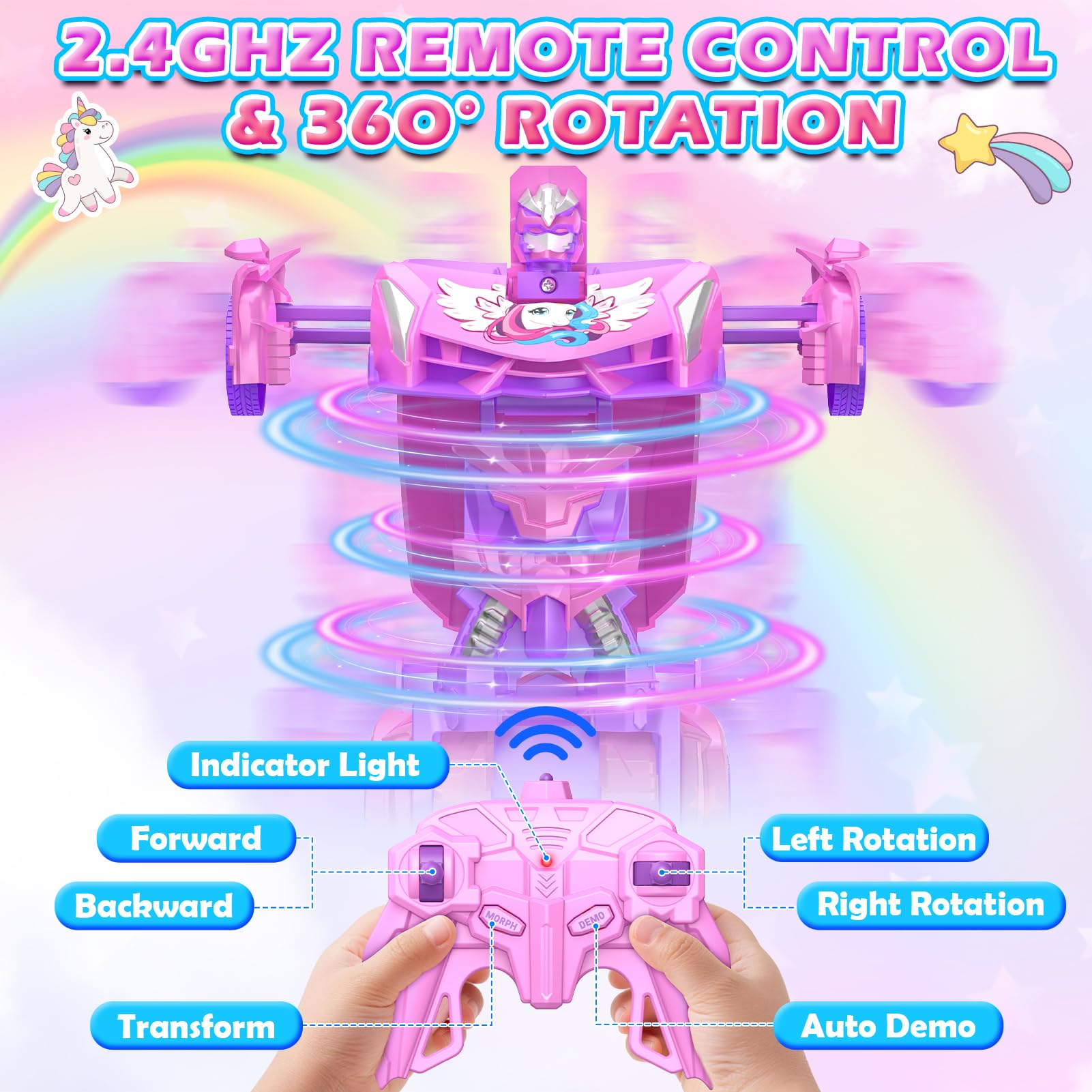 Unicornio Coche Teledirigido Niña, 2 en 1 Radiocontrol Transformar Coche RC 2,4GHz & Rotación 360°, Robot Unicornio Juguetes Niña 3 4 5 6 7 8 9 Años, Regalo Cumpleaños Navidad para Niños de Pascua