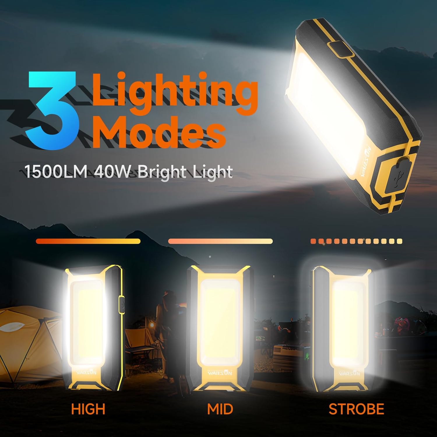 WARSUN LED Work Light Rechargeable, Magnetic COB Portable Worklights, 40w 1500 Lumens,Metal Hanging Hook 3 Lighting Modes, Job Site Lighting for Car Repairing,Camping,Hunting (Yellow) - Image 2