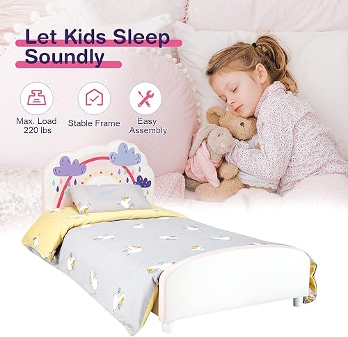 Miniatura 8 de HONEY JOY Marco de cama individual para niños, plataforma de cama individual de madera con cabecera y base de listones, no necesita somier, muebles