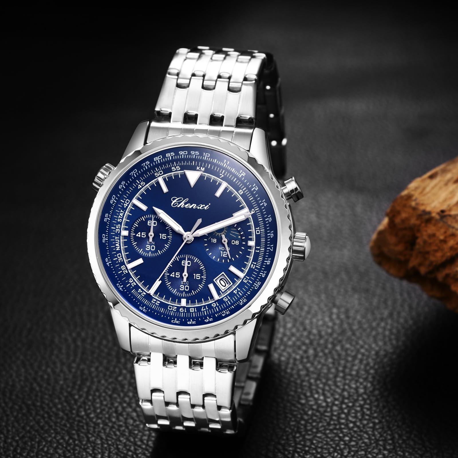 OIDEA Montre chronographe pour homme en acier inoxydable : cadran bleu montre homme analogique quartz aiguilles lumineuses multi cadran avec échelle horaire date classique cadeau élégant pour homme