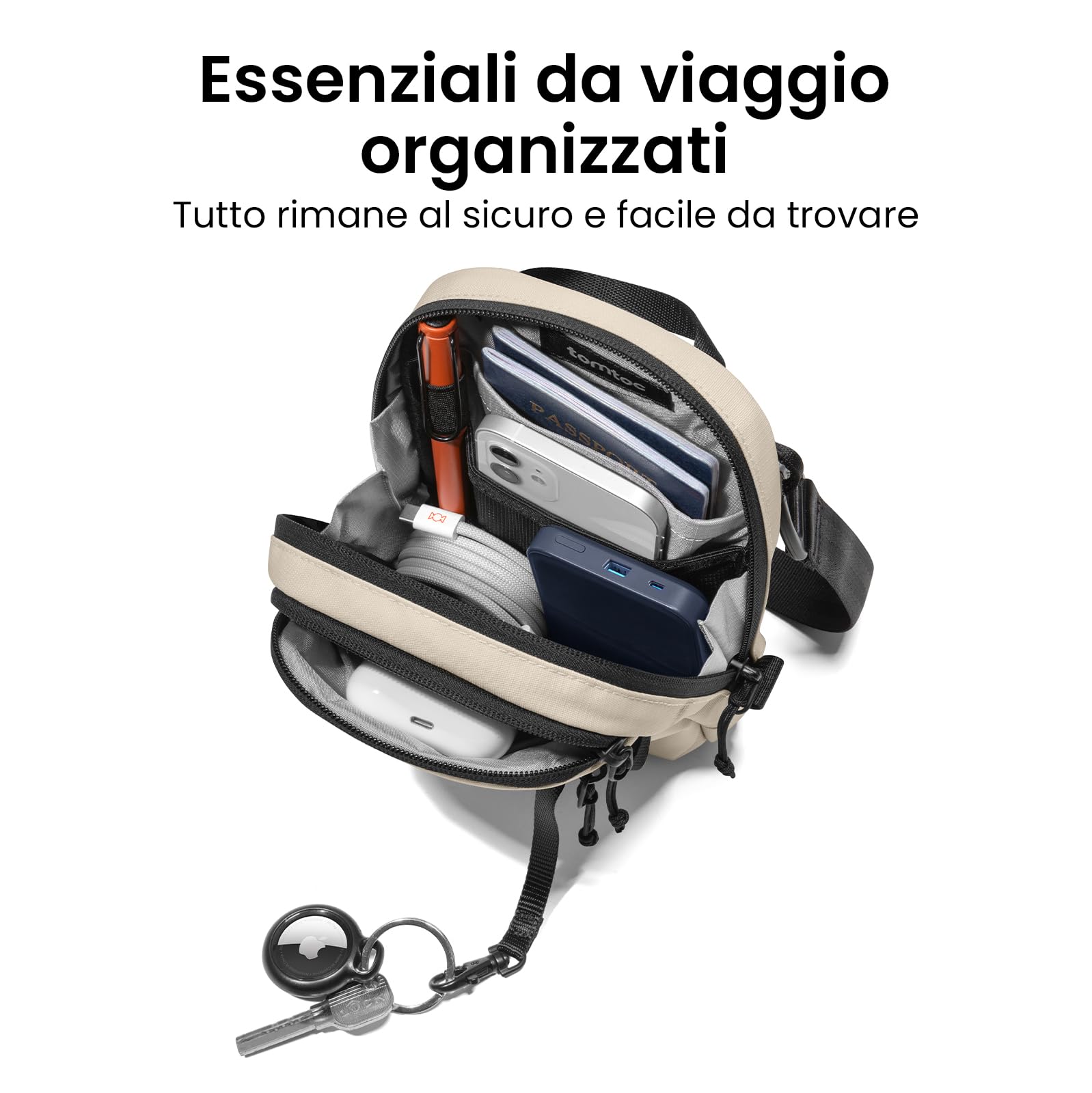 tomtoc Borsa a Tracolla Antifurto, Portadocumenti con Protezione RFID – Borsa da Viaggio Bloccabile con Zip Sicura, Contiene 4-6 Passaporti, Multi Tasche per Carte – Organizzatore per Uomini e Donne
