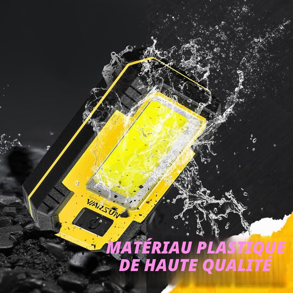 WARSUN Lampe de Travail c Baladeuse LED COB 1200 lumens Super Lumineuse Portable avec Base Magnétique et Crochet 30W Lampe Mecanicien pour Réparation, Jaune