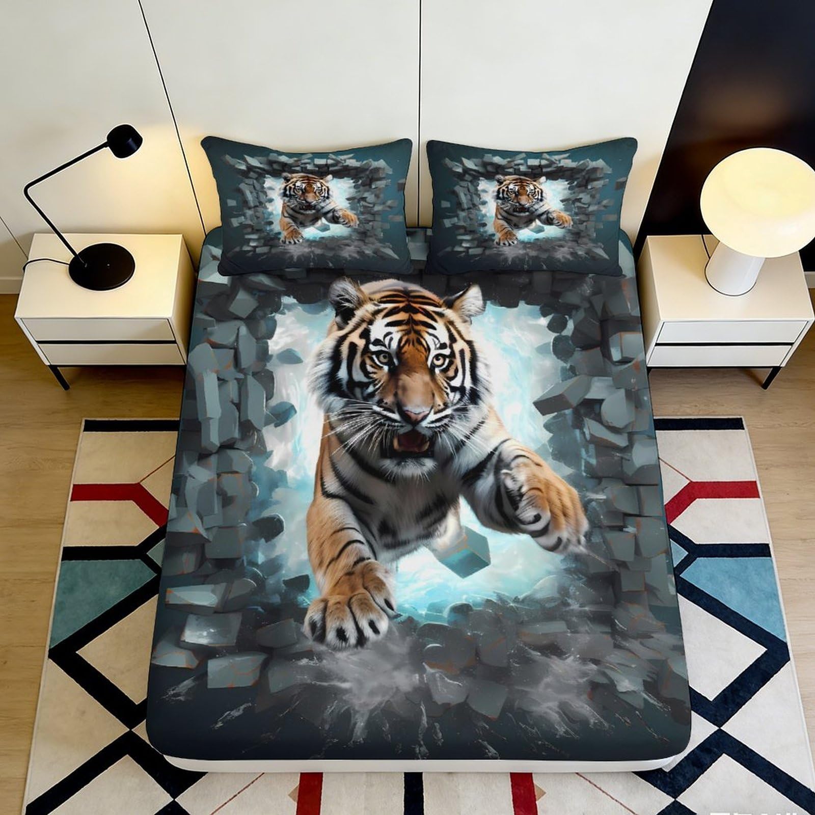 3D Printed Tiger Design Fitted Sheet Microfiber Soft Breathable 3D Printed Tiger Wall Mattress Cover for Bedroom Dormitory Guest Room Protection 140x200x25cm