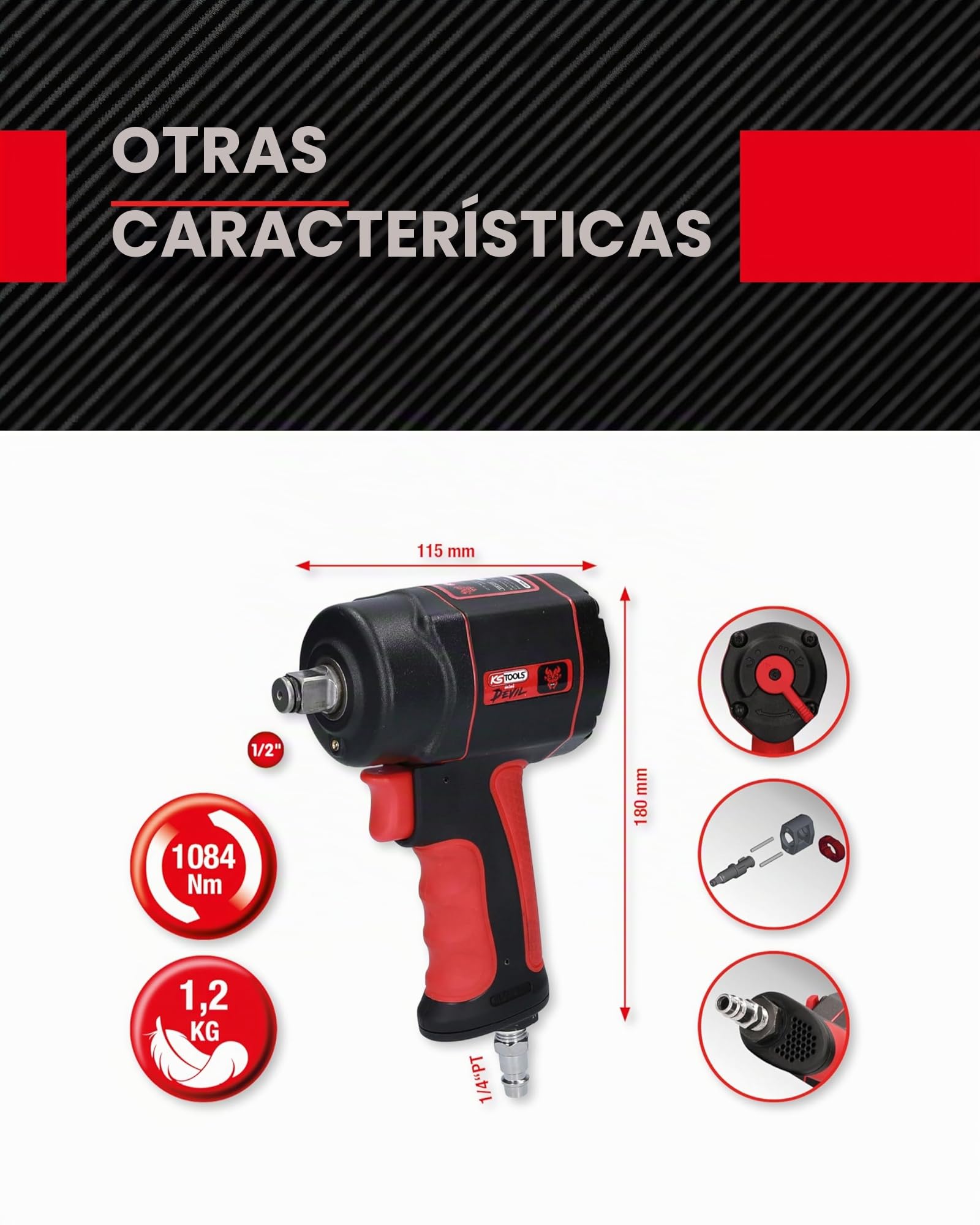 KS Tools 515.1315 Atornillador de impacto neumático de alta potencia de 1/2" THE miniDEVIL, 1084 Nm