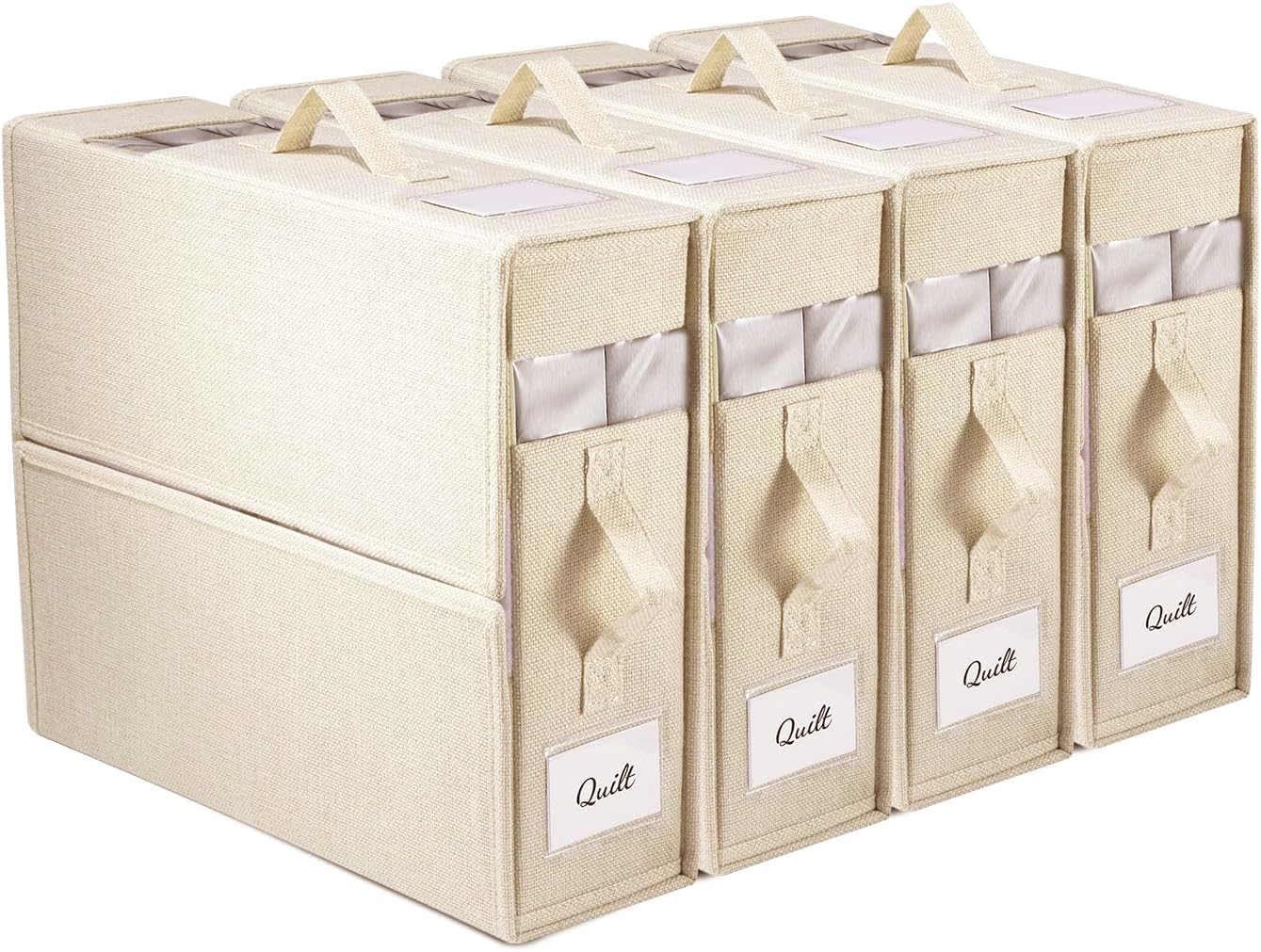 BAOLY 4 Pack Bed Sheet Organizers and Storage, Cube Foldable Bed Sheet Storage Containers with Clear Window, Linen Fabric Closet Organizers Bins for Bed Sheets, Duvet Covers & Pillowcases, Blankets