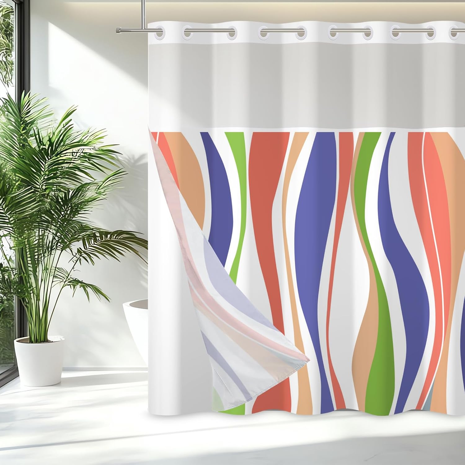 71x71 Inch Without Hook Watercolor Shower Curtain and Liner Set Colorful Wavy Stripes Vibrant Polyester Fabric Snap in Shower Curtains for Bathroom Contemporary Abstract Textured Bathroom Set