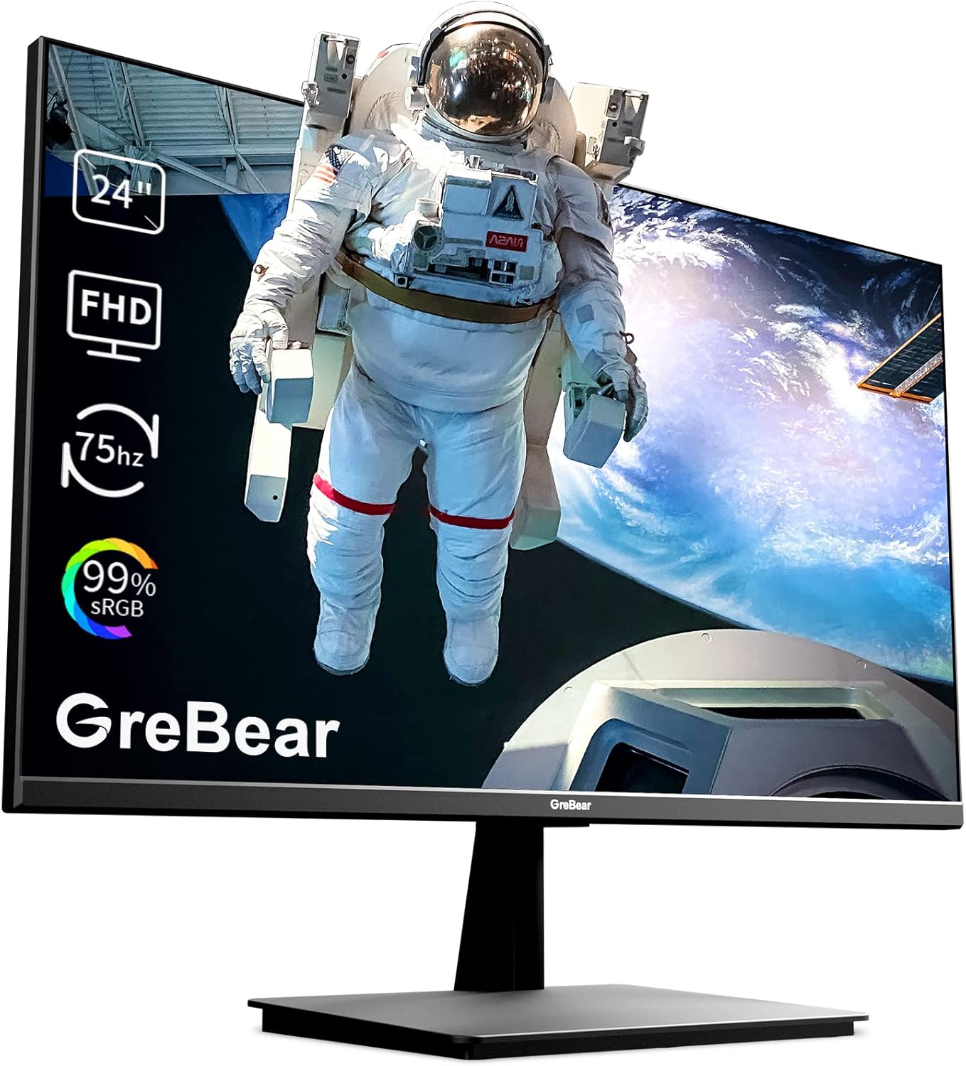 GreBear Monitor 24 pollici FHD LED 1080P, 75Hz VA Monitor Desktop Angolo di Visione di 178°, 5ms, 99% sRGB, AMD FreeSync, VGA+ HDMI, Filtro Luce Blu Senza Sfarfallio Altoparlante incorporato da, Nero GreBear Monitor 24 pollici FHD LED 1080P, 75Hz VA Monitor Desktop Angolo di Visione di 178°, 5ms, 99% sRGB, AMD FreeSync, VGA+ HDMI, Filtro Luce Blu Senza Sfarfallio Altoparlante incorporato da, Nero