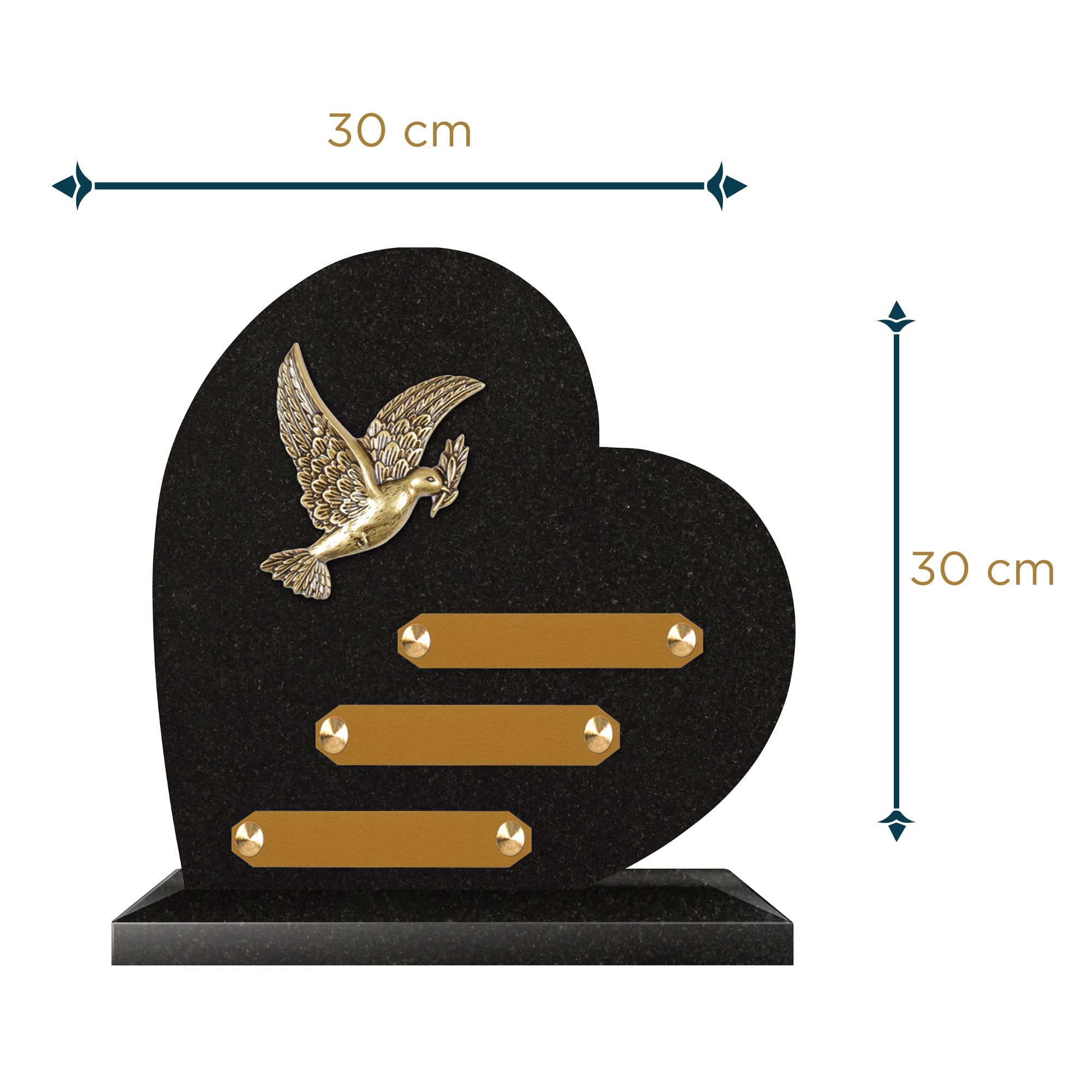 Plaque funéraire personnalisée coeur - Granit - assemblée en France - bronze colombe - H 30 X L 30 cm - 3 textes