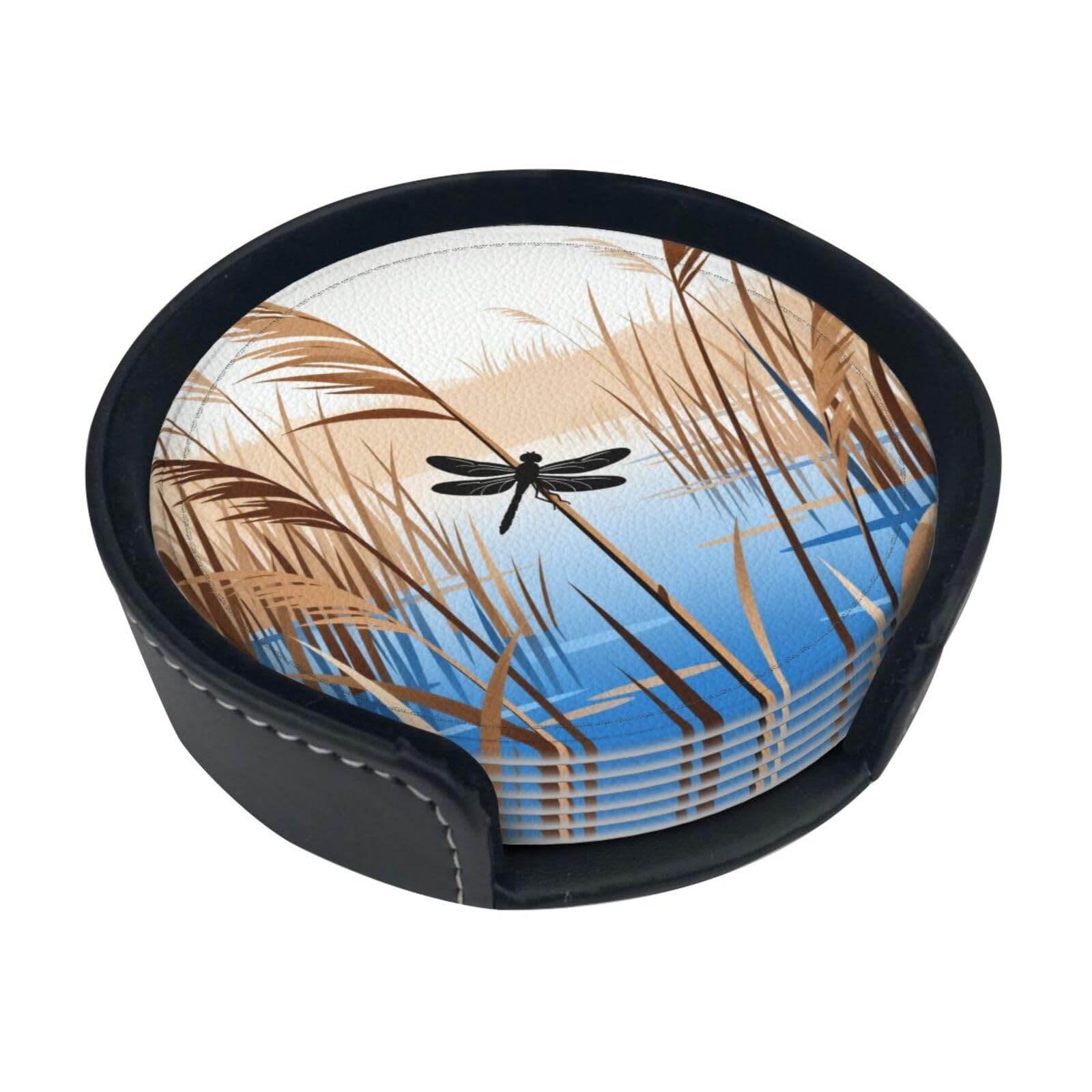 Cntdbu White Reeds Dragonfly Pond Leather Coasters Set Of 6-Pu Leather Drink Mats For Table, Heat Resistant Round Coasters With Holder