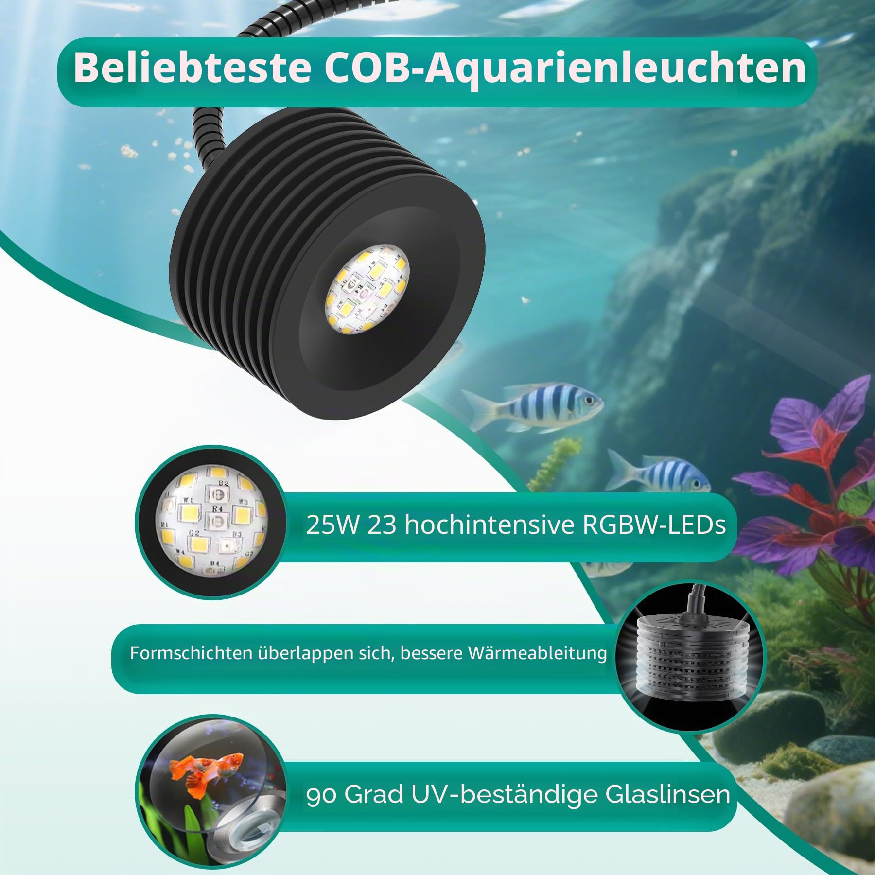 Lominie Aquarium Led Beleuchtung,Clip On Aquarium Lampe,30W | Aquarium Beleuchtung 6500K mit Verstellbarem Schwanenhals,Vollspektrum Nano Aquarium Lampe mit Zeiteinstellung(Süßwasser)