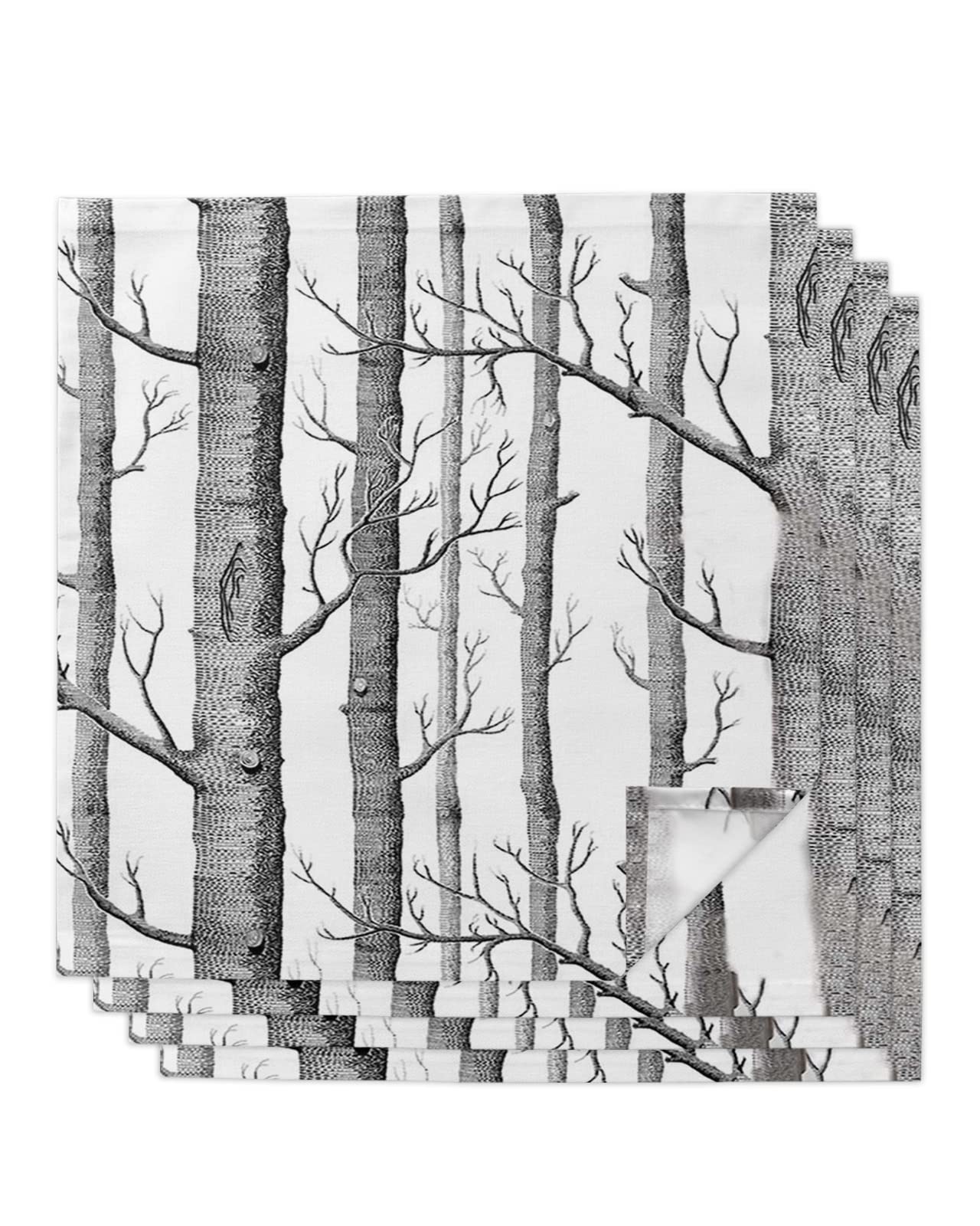 Dinner Cloth Napkins Set of 4 Washable Wrinkle-Free Cocktail Napkins White Birch Forest Old Branches Tree Grey Table & Kitchen Decor Napkins for Wedding Party, Reusable Holiday Napkin Set 20"x20"
