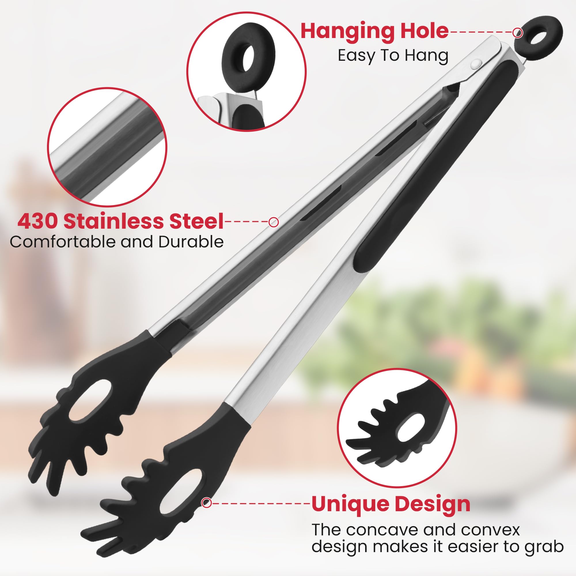 Vorbax - Pinze da cucina in silicone, confezione da 2, 2 e 30 cm, impugnatura facile in acciaio inox, utensili da cucina per servire cibo, buffet, insalata, ghiaccio, barbecue