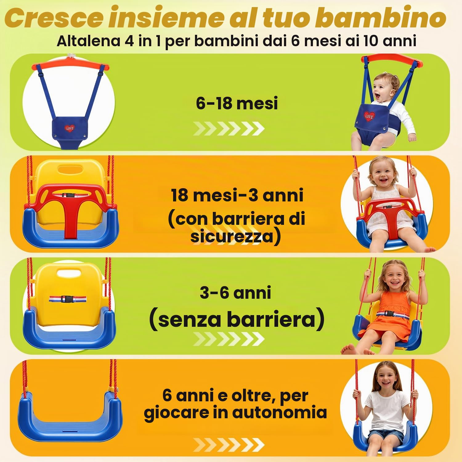 Altalena per bambini, 4 in 1, con telaio – Altalena per bambini, con cintura di sicurezza, pieghevole e 4 sacchi di sabbia, per interni ed esterni, facile da montare