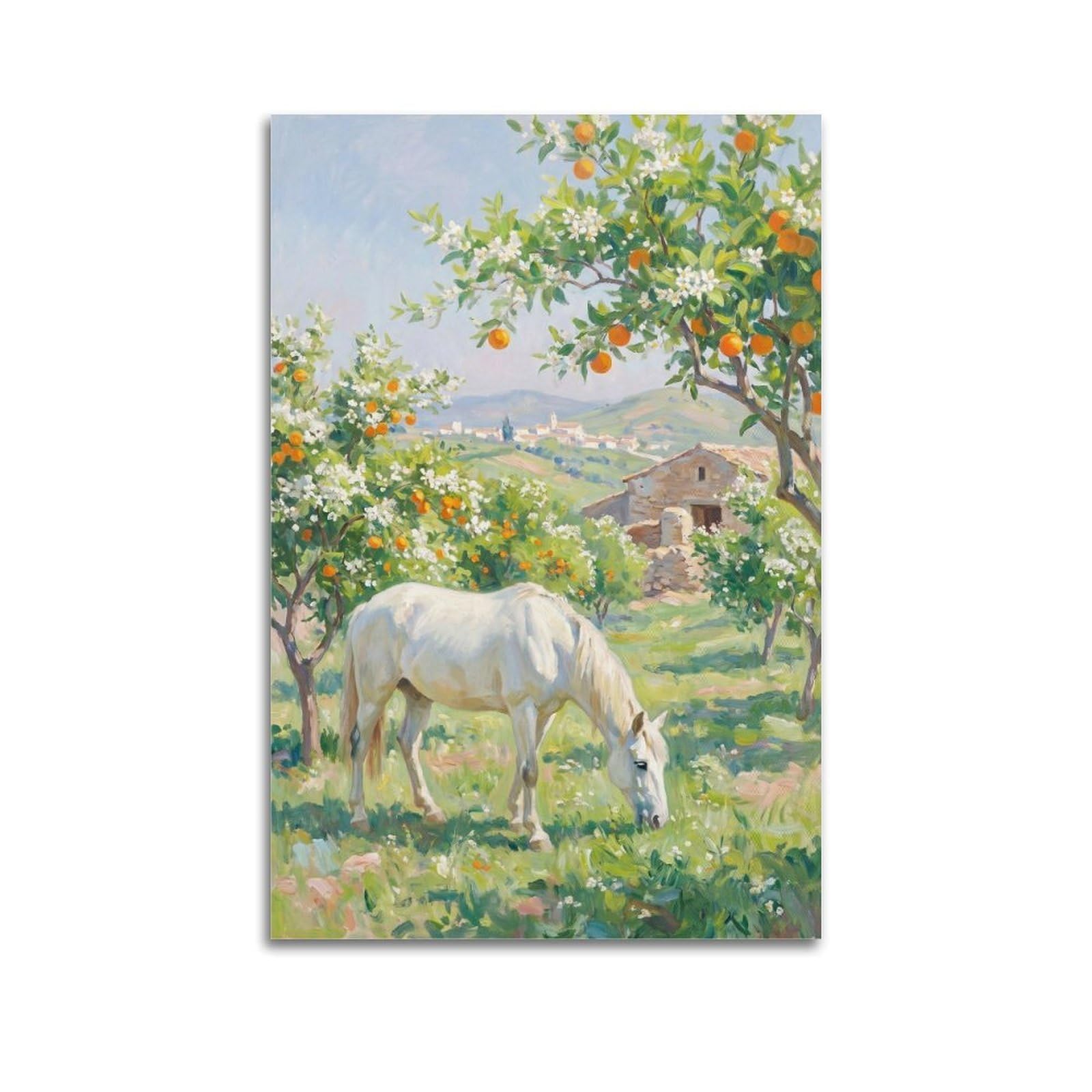 XKUGA Andalusian Horse Travel Poster Spring Orange Blossom Village Modern Decorative Canvas Prints - Ideal Wall Art for Family, Man Cave, Game Room, Boys & Girls Bedroom 20x30inch(50x75cm)