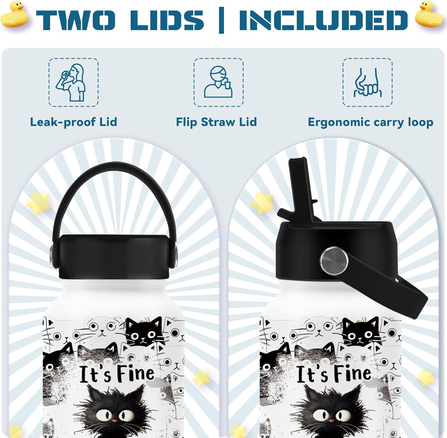 Cat Gifts for Women, 25oz Fine Cat Water Bottle with 2 Lid & Straw - I'm Fine Black Cats Insulated Water Bottles, BPA-free Leakproof Sports Waters Bottle for School Travel, Gift Cup for Cats Lover - Image 3