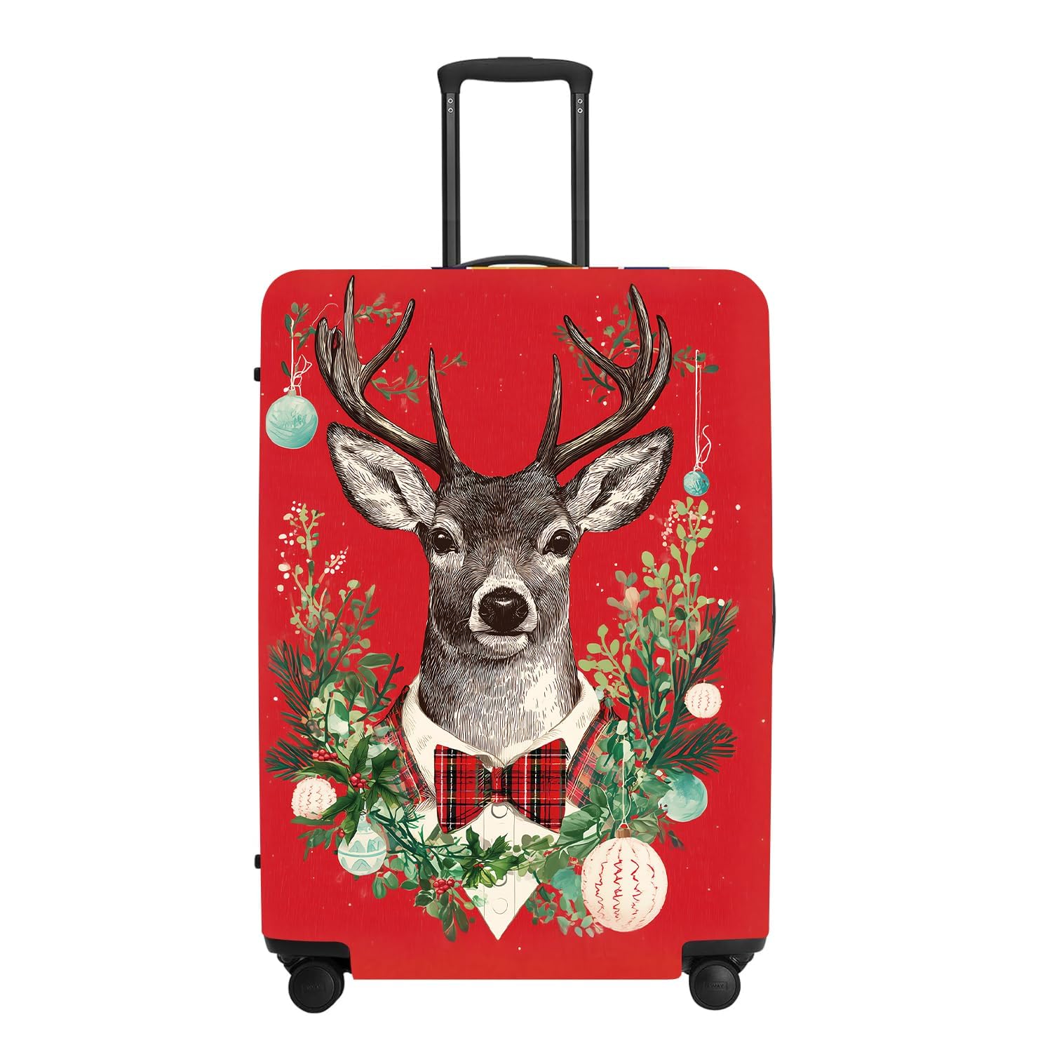 Reindeer Luggage Cover - Red Background with Wreath and Ornaments, Elegant Holiday Suitcase Protector for 18 20 22 Inch Travel