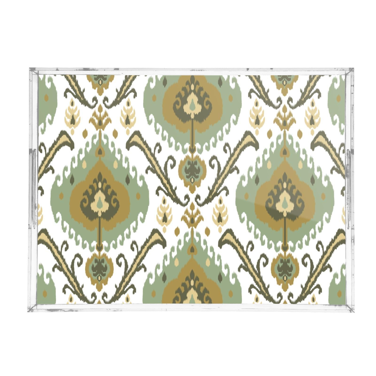 Bandeja acrílica rectangular con patrón étnico ikat, bandeja de acrílico transparente tradicional con asas, bandeja de desayuno acrílica de 12 x 16 pulgadas, bandeja transparente a prueba de derrames