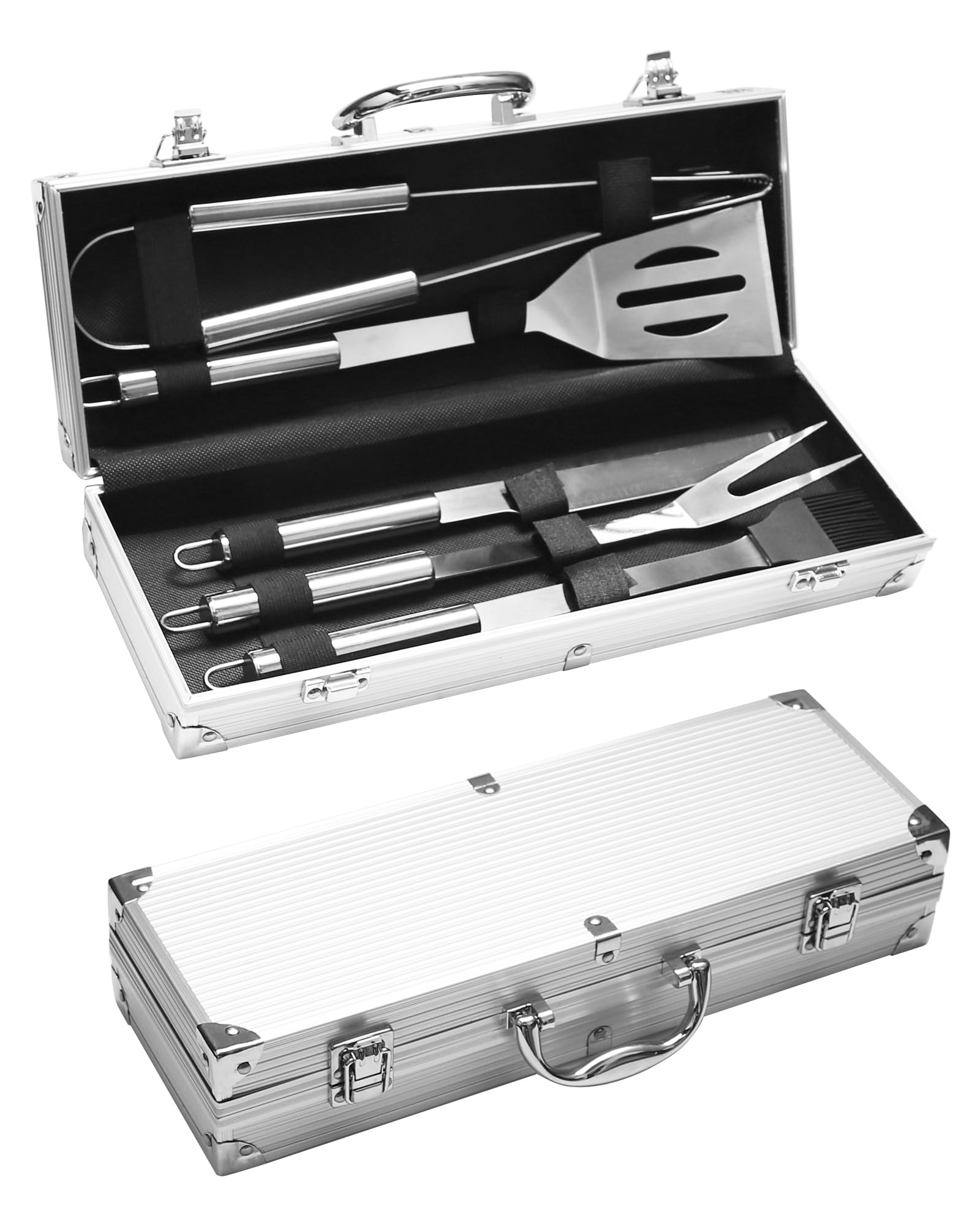 Set barbecue professionale in acciaio inox 5 pezzi - Utensili Barbecue Accessori barbecue regalo per uomini 37x12x7 cm valigetta in alluminio ideale per grigliate e cucina