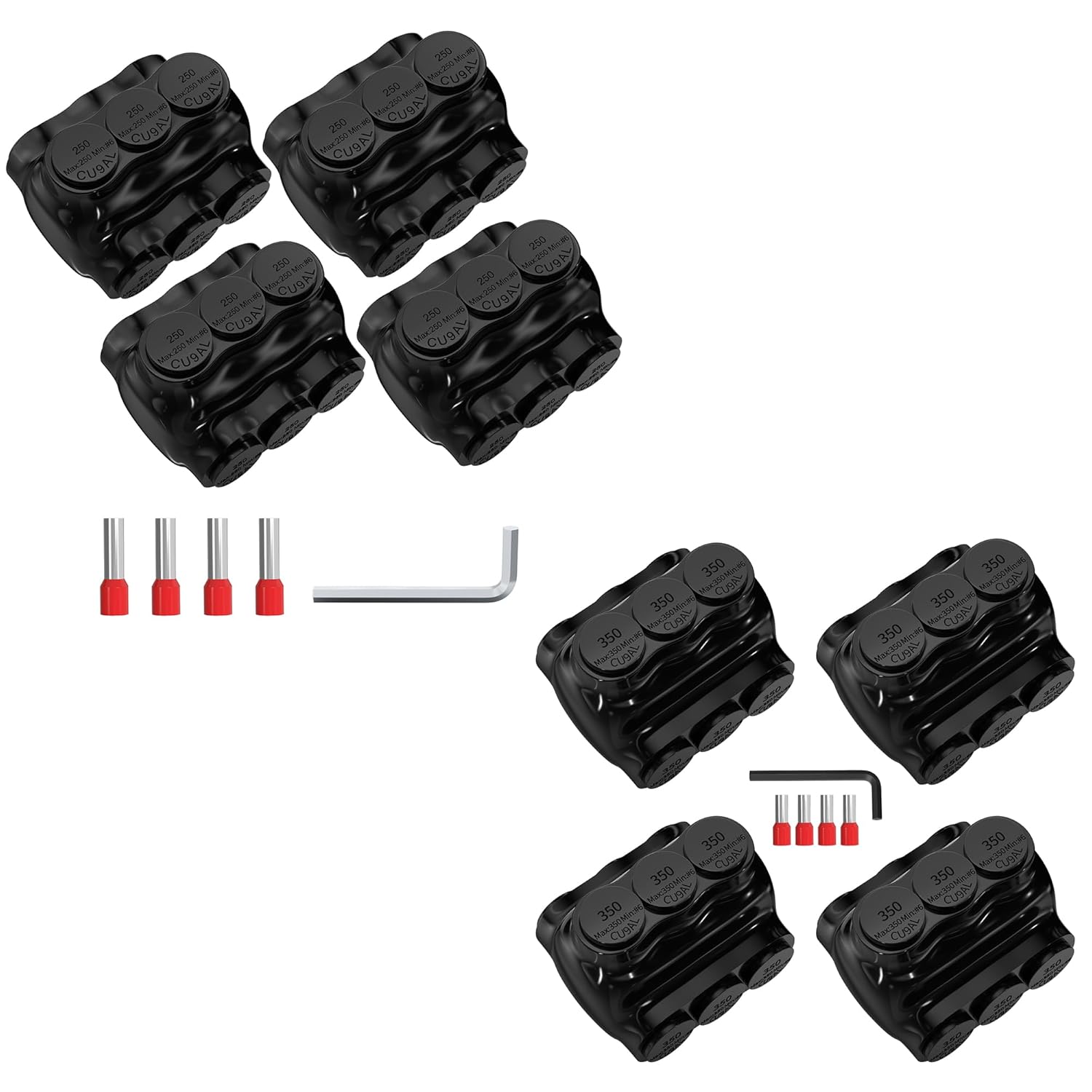 Joinfworld 3 Port Insulated Multi Tap Connector 250MCM-6 & 350MCM-6 Dual Entry Black Electrical Cable Connectors with Slotted Allen Hex - 4 Pack