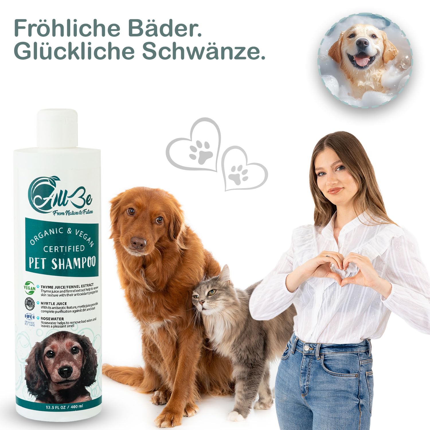 Hundeshampoo 400 ml - 3 Stück - Bio -100% Vegan-Tierwaschmittel-Katzenshampoo - Sicher für Normale, juckende, empfindliche und trockene Haut - desodorierende und feuchtigkeitsspendende (3 Pack)