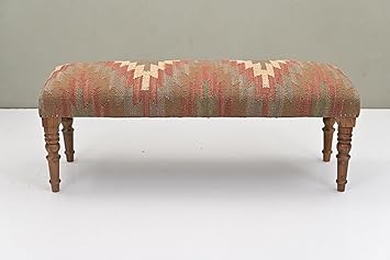 Acacia Wood Kilim Jute Fabric Upholstered Bench | Southwestern Pattern