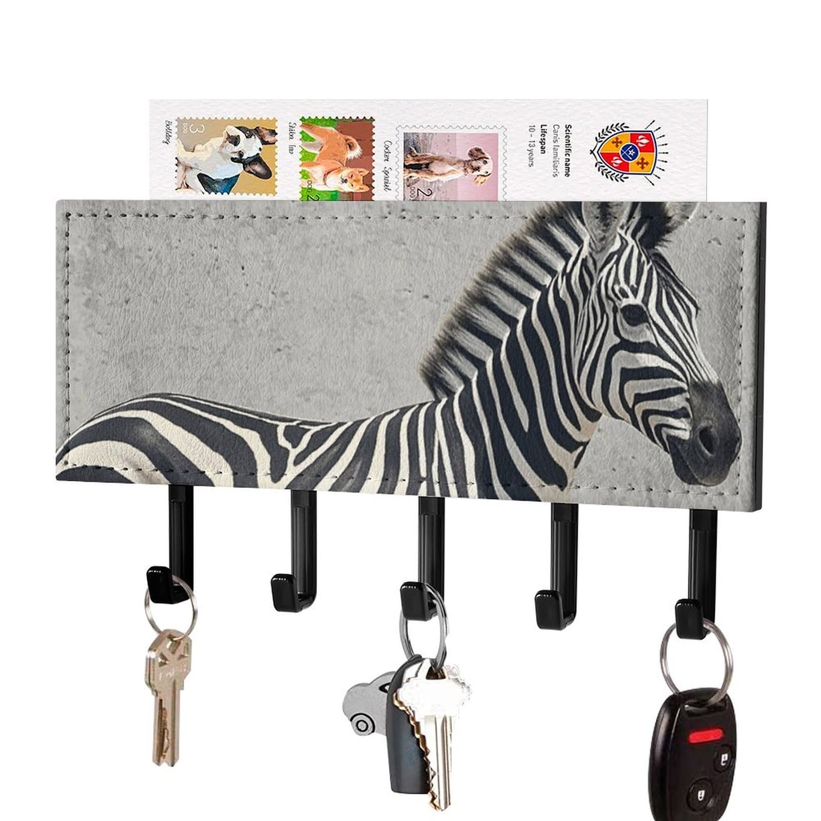 FekiLoot Zebra on The Wall Key Holder Wall Mount Key Hanger with 5 Hooks Decorative Key Rack Hanging Key Hooks with Mail Organizer Key Holder for Wall Living Room Kitchen Bathroom Hallway Black