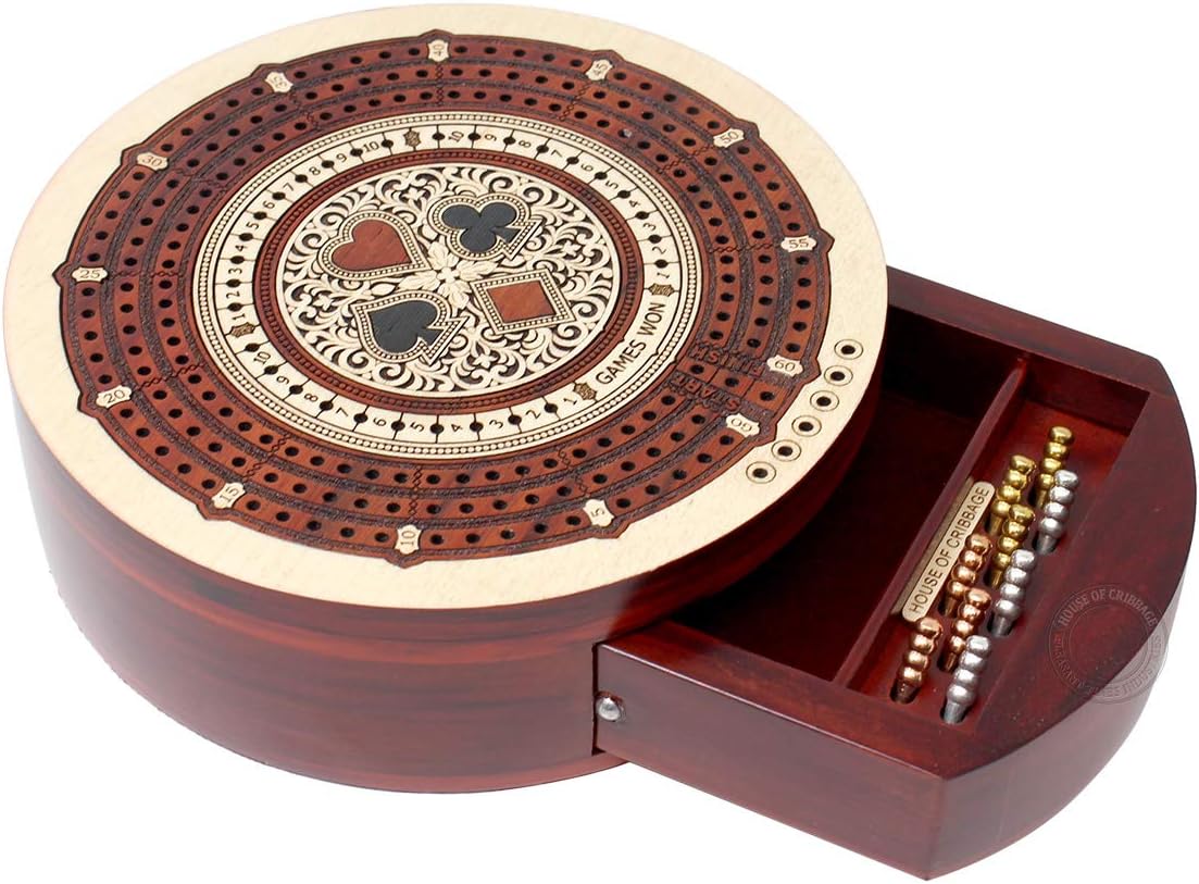 House of Cribbage - Round Shape 3 Track Non-Continuous Cribbage Board - Push Drawer Storage for Pegs and 1 Deck of Cards with Score Marking Fields for Won Games (Maple Wood/Bloodwood)