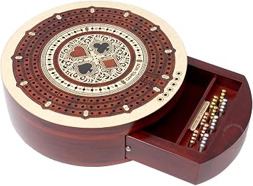 House of Cribbage - Round Shape 3 Track Non-Continuous Cribbage Board - Push Drawer Storage for Pegs and 1 Deck of Cards with Score Marking Fields for Won Games Maple Wood/Bloodwood