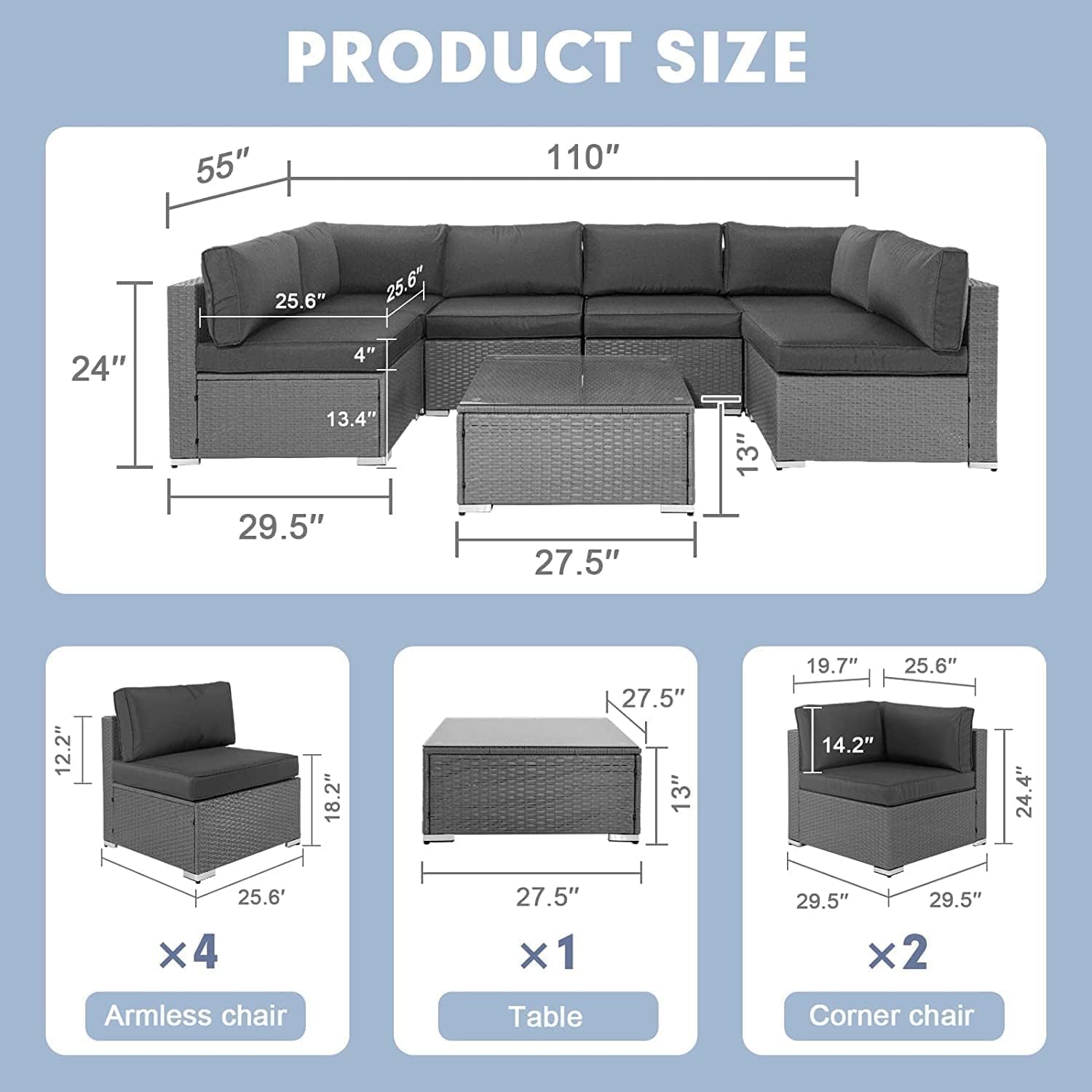 Betterland 7 Piece Outdoor Sectional Sofa Patio Furniture Set, All-Weather PE Grey Wicker Patio Conversation Set with Washable Cushion, Glass Table and Waterproof Cover(Grey Cushions)